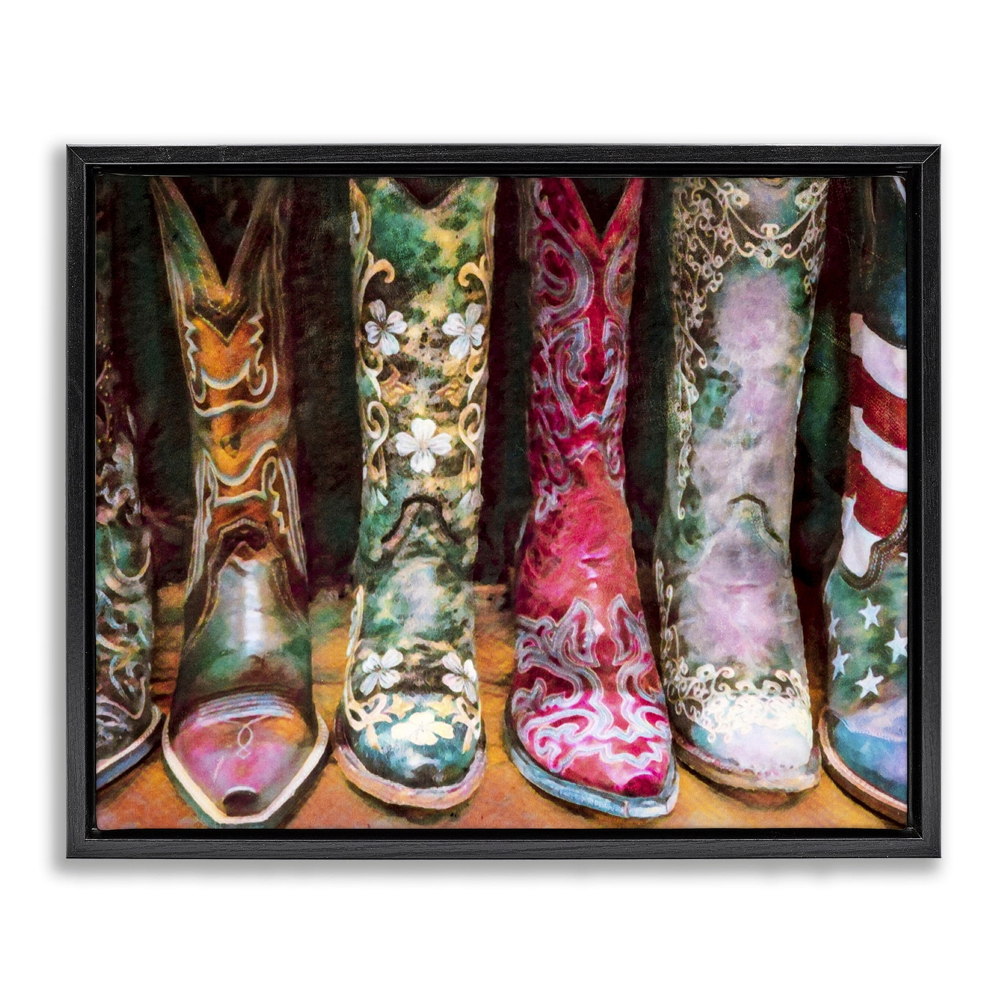 Stupell Industries Cowboy Boots Various Bold Designs Americana Apparel Painting Jet Black Floating Framed Canvas Print Wall Art, Design by Graffitee Studios