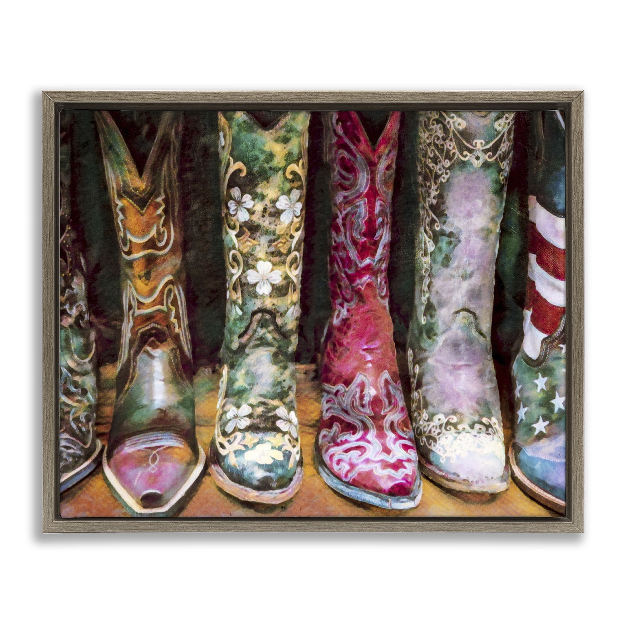 Stupell Industries Cowboy Boots Various Bold Designs Beauty & Fashion Painting Brown Floater Framed Canvas Art Print Wall Art, 31 x 25