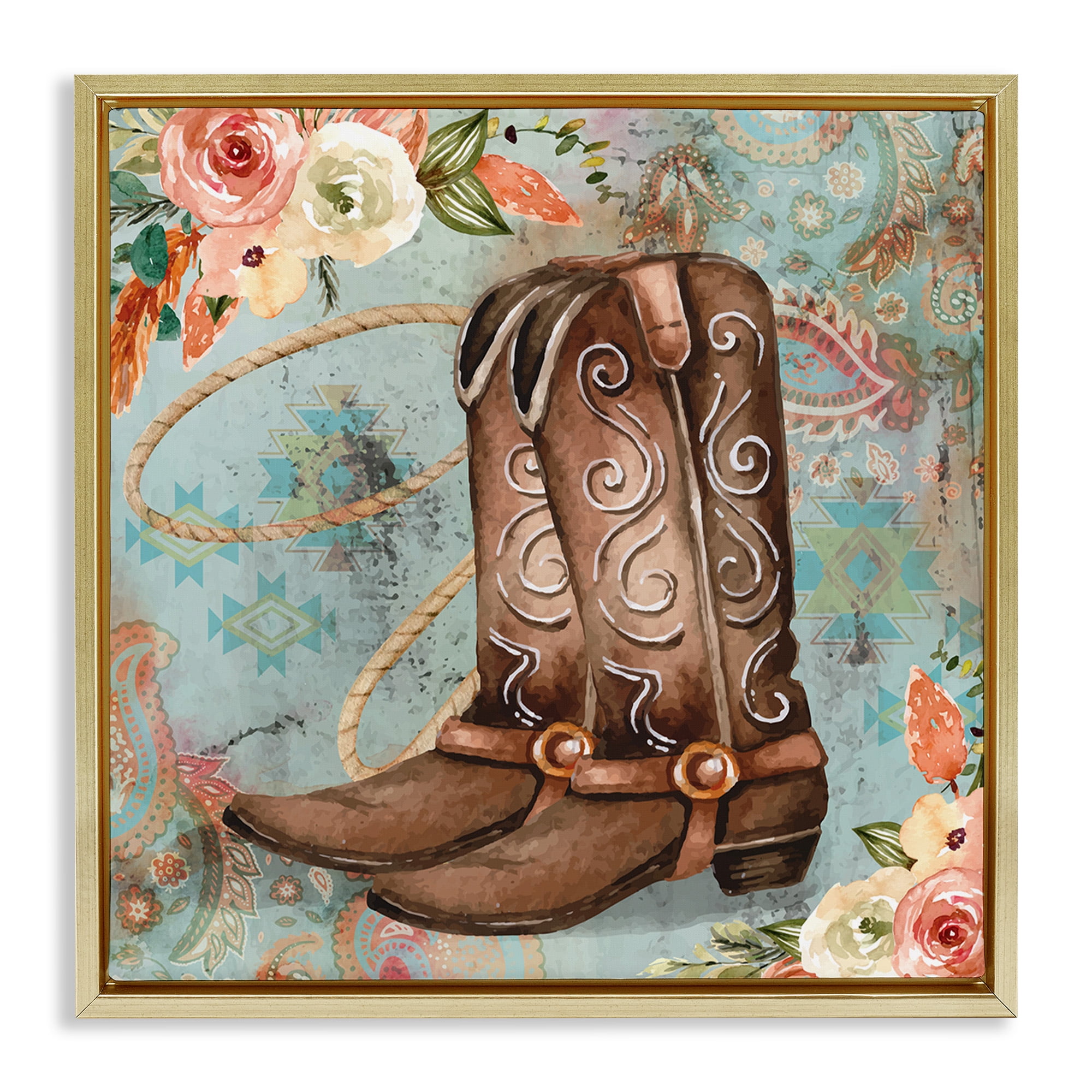 Stupell Industries Cowboy Boots Western Paisley Florals Botanical & Floral Painting Gold Floater Framed Canvas Art Print Wall Art, 18 x 18