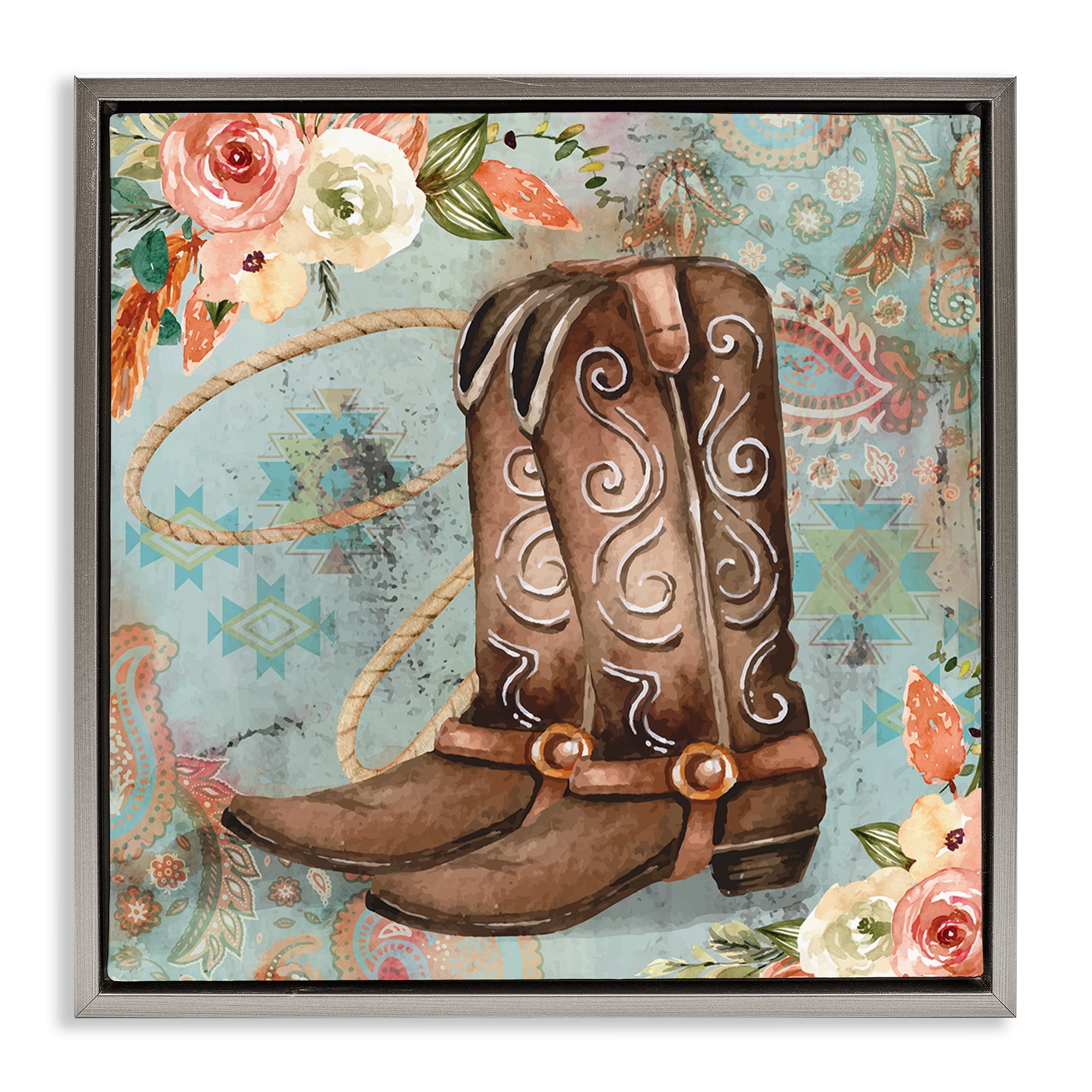 Stupell Industries Cowboy Boots Western Paisley Florals Botanical & Floral Painting Gray Floater Framed Canvas Art Print Wall Art, 18 x 18