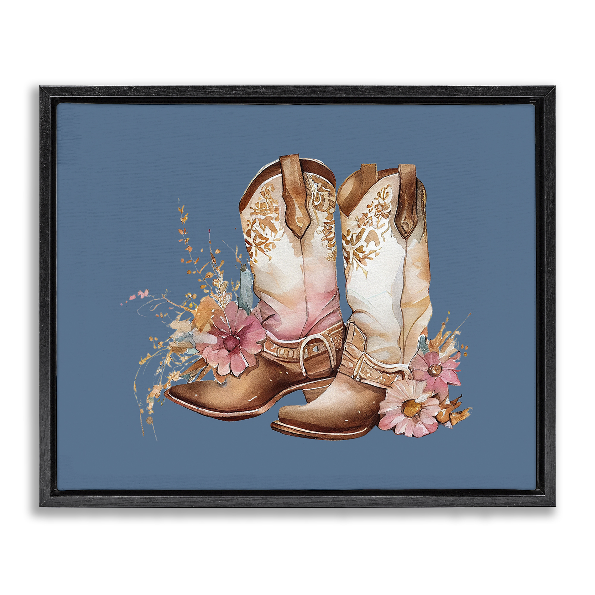 Stupell Industries Cowboy Boots & Wildflowers Plants & Flowers Painting Black Floater Framed Canvas Art Print Wall Art, 31 x 25