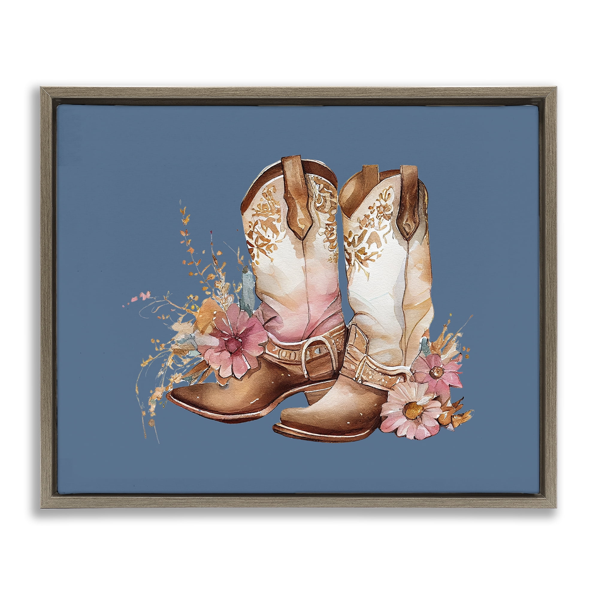 Stupell Industries Cowboy Boots & Wildflowers Plants & Flowers Painting Brown Floater Framed Canvas Art Print Wall Art, 21 x 17