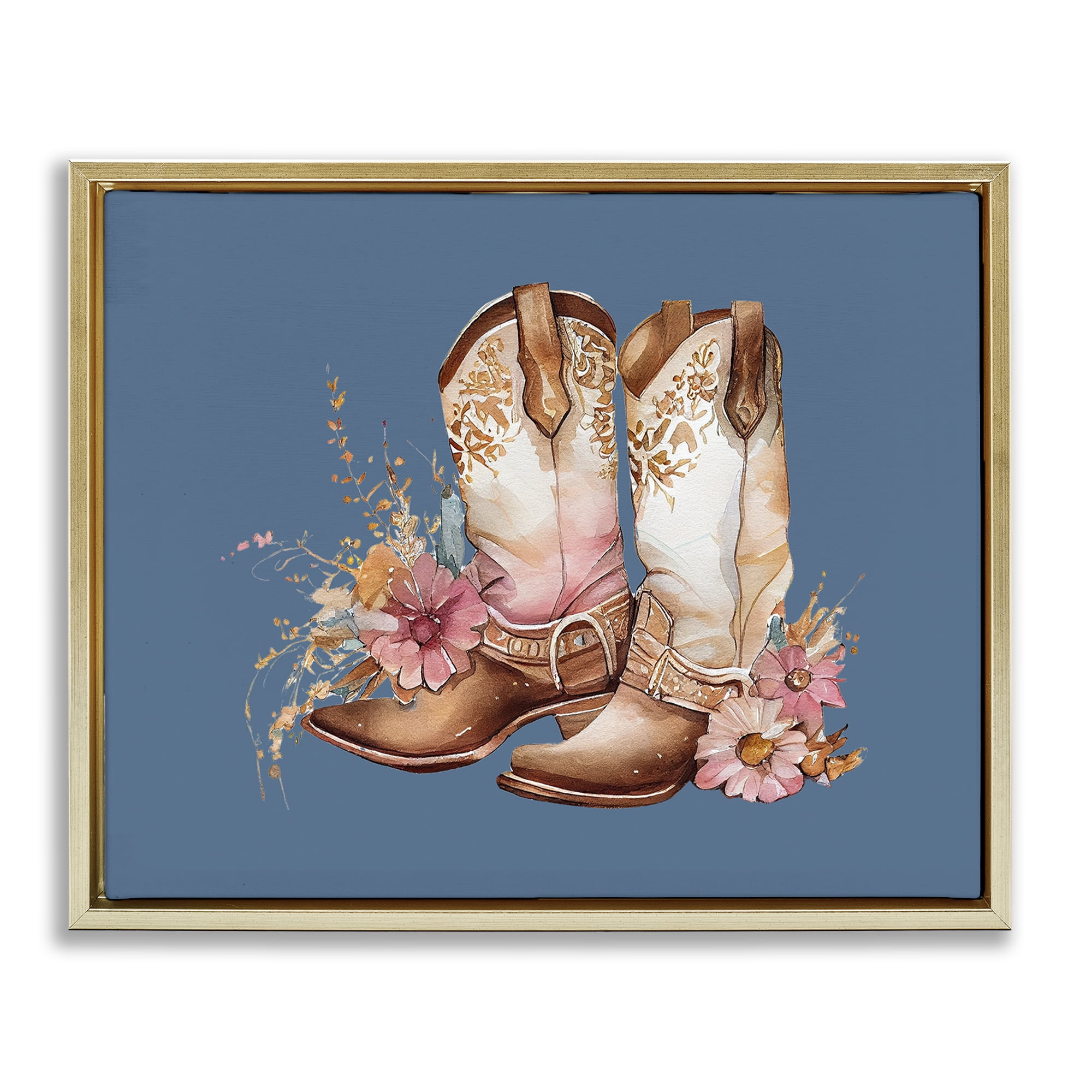 Stupell Industries Cowboy Boots & Wildflowers Plants & Flowers Painting Gold Floater Framed Canvas Art Print Wall Art, 31 x 25