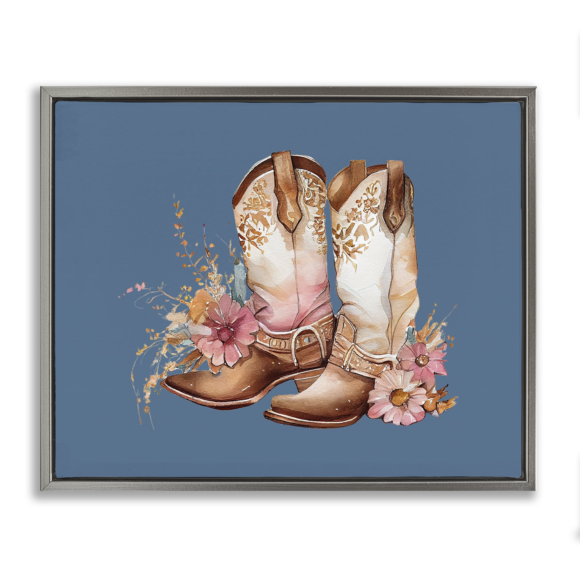 Stupell Industries Cowboy Boots & Wildflowers Plants & Flowers Painting Gray Floater Framed Canvas Art Print Wall Art, 31 x 25