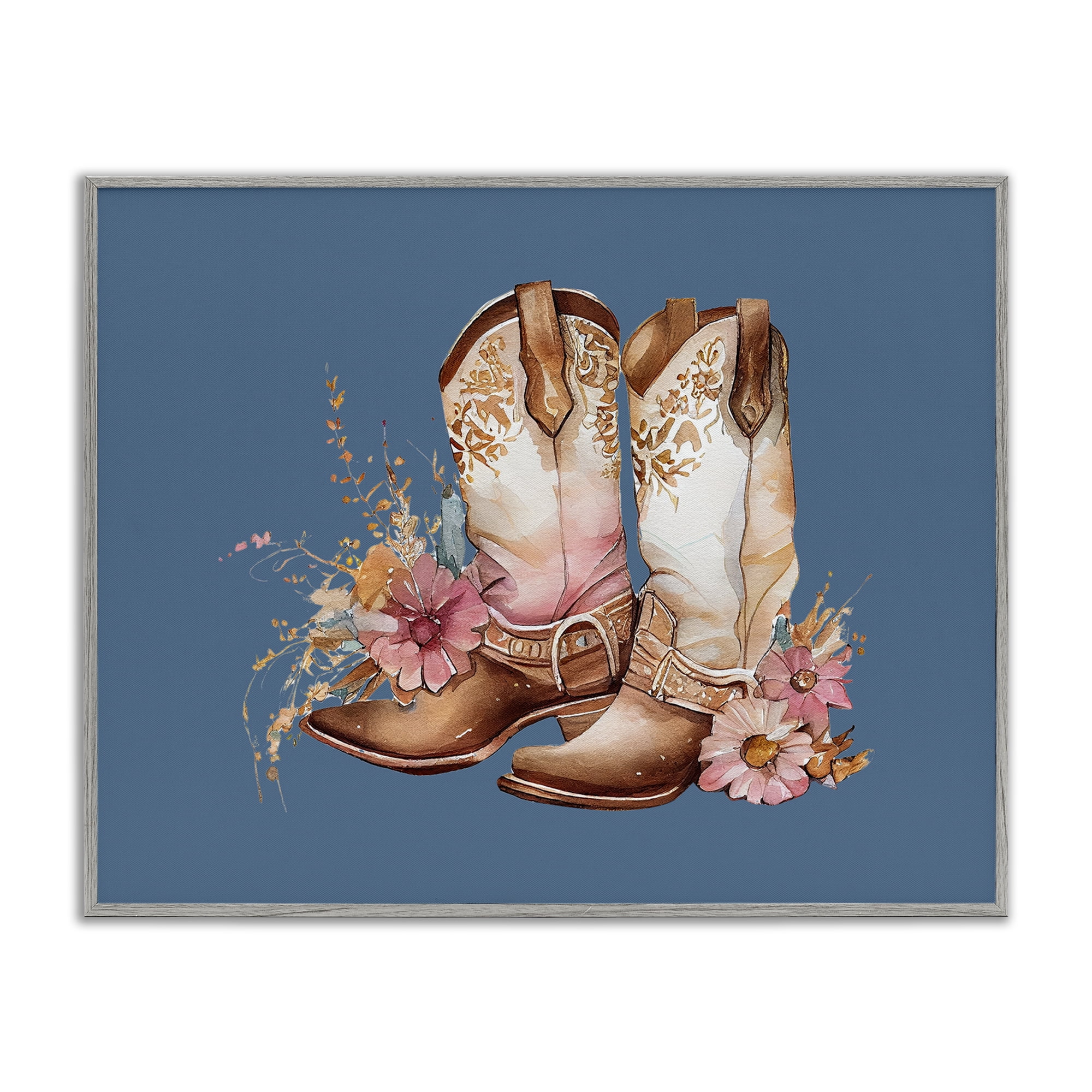 Stupell Industries Cowboy Boots & Wildflowers Plants & Flowers Painting Gray Framed Art Print Wall Art, 30 x 24