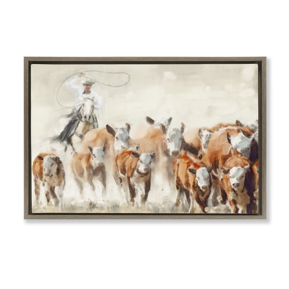 Stupell Industries Southwestern Cowboy Cattle Roundup Brown Floating Frame Canvas Art, 31 x 21, by Nina Blue