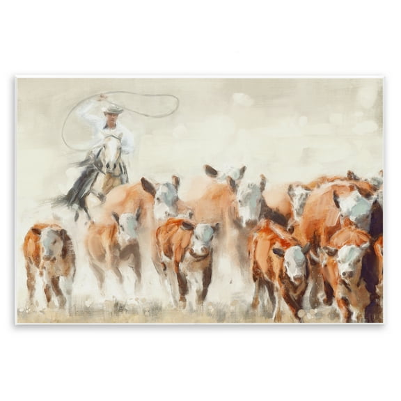 Stupell Industries Cowboy Cattle Roundup Animals Painting Unframed Art Print Wall Art, 15 x 10