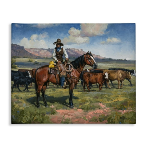 Stupell Industries Cowboy Cattle Roundup Animals Painting Wrapped Canvas Canvas Art Print Wall Art, 48 x 36