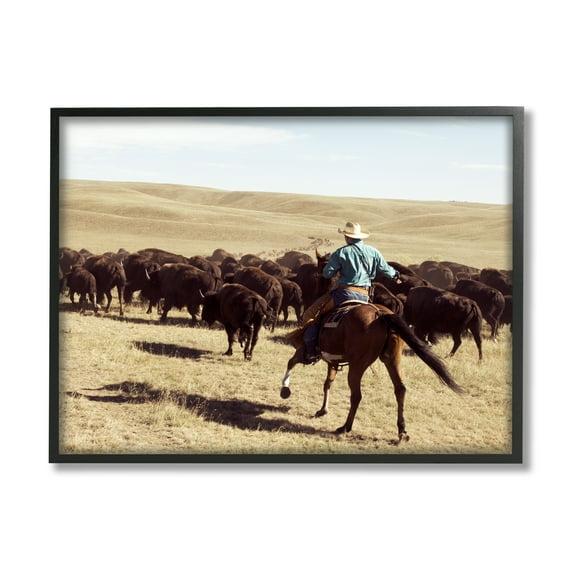Stupell Industries Cowboy & Cattle in Desert Animals & Insects Photography Black Framed Art Print Wall Art, 14 x 11
