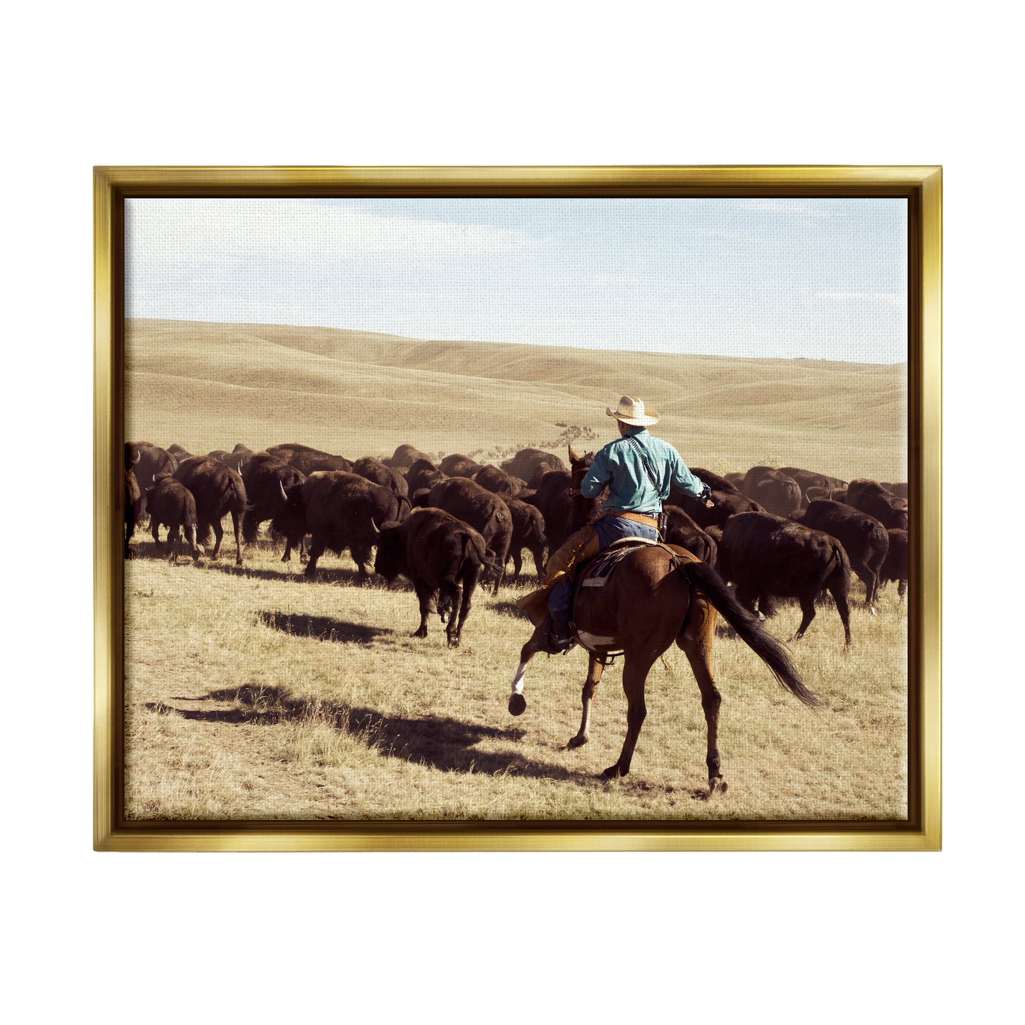 Stupell Industries Cowboy & Cattle in Desert Animals & Insects Photography Gold Floater Framed Canvas Art Print Wall Art, 21 x 17