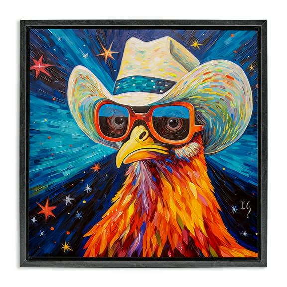 Stupell Industries Cowboy Chicken with Stars Animals & Insects Painting Black Floater Framed Canvas Art Print Wall Art, 18 x 18