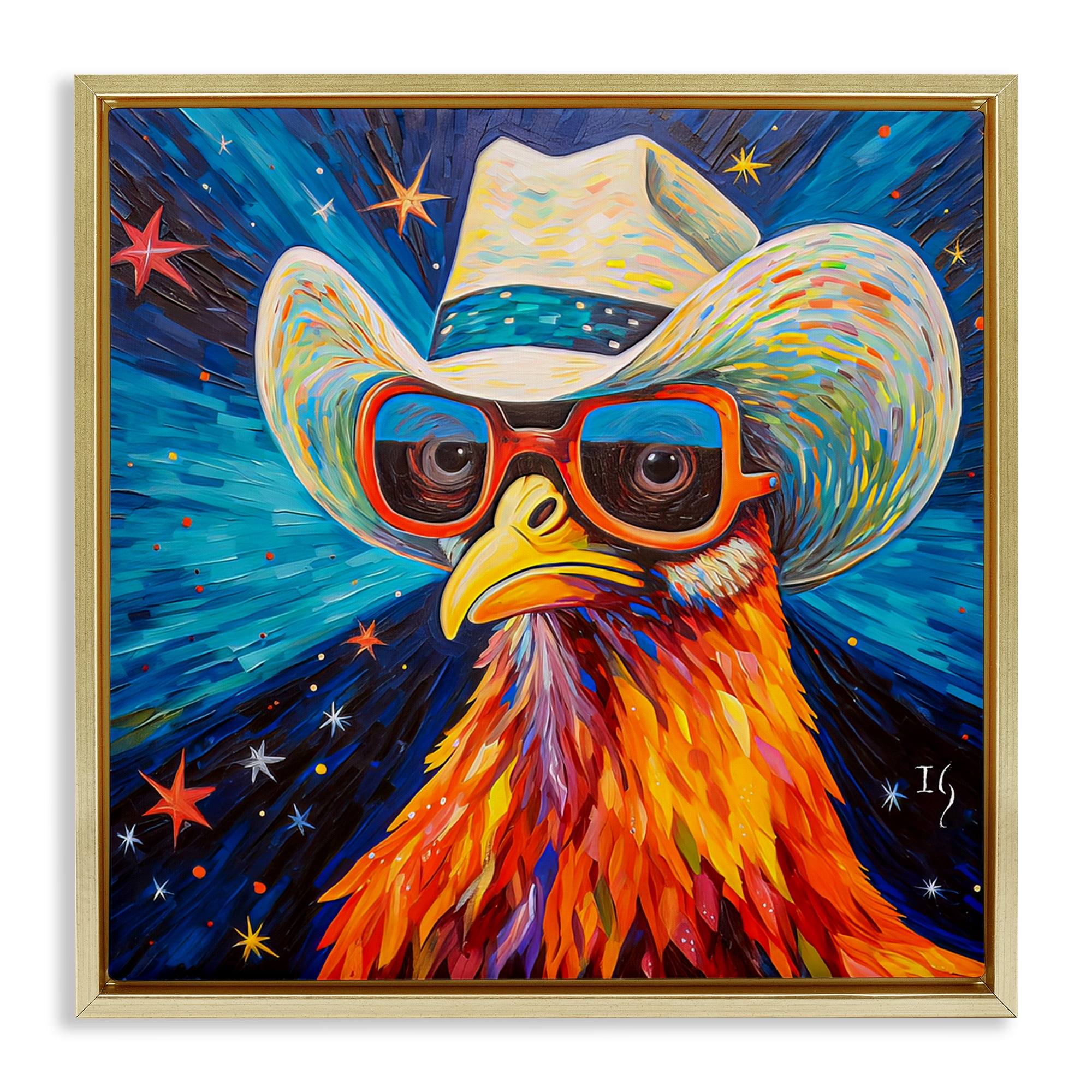 Stupell Industries Cowboy Chicken with Stars Animals & Insects Painting Gold Floater Framed Canvas Art Print Wall Art, 18 x 18