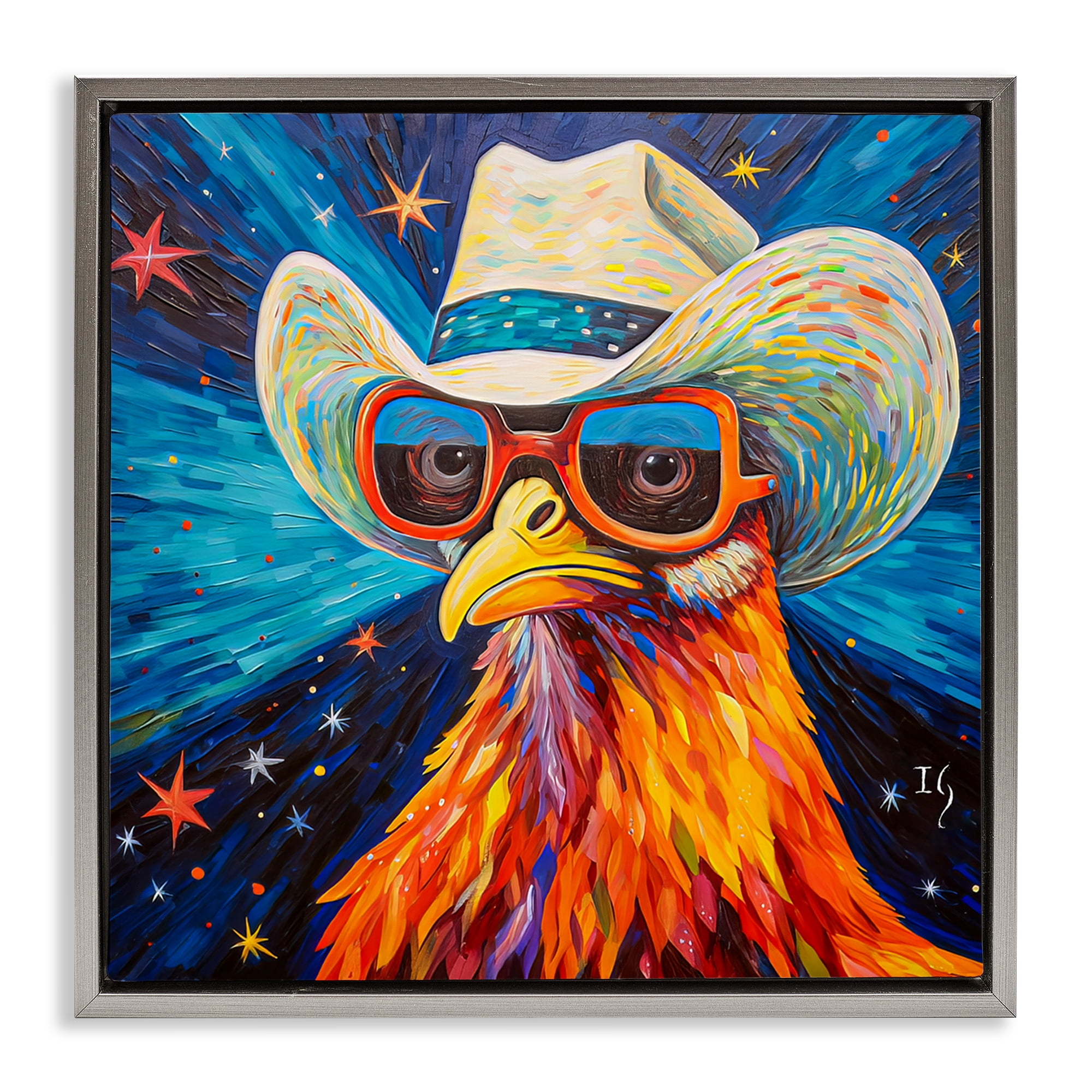 Stupell Industries Cowboy Chicken with Stars Animals & Insects Painting Gray Floater Framed Canvas Art Print Wall Art, 18 x 18