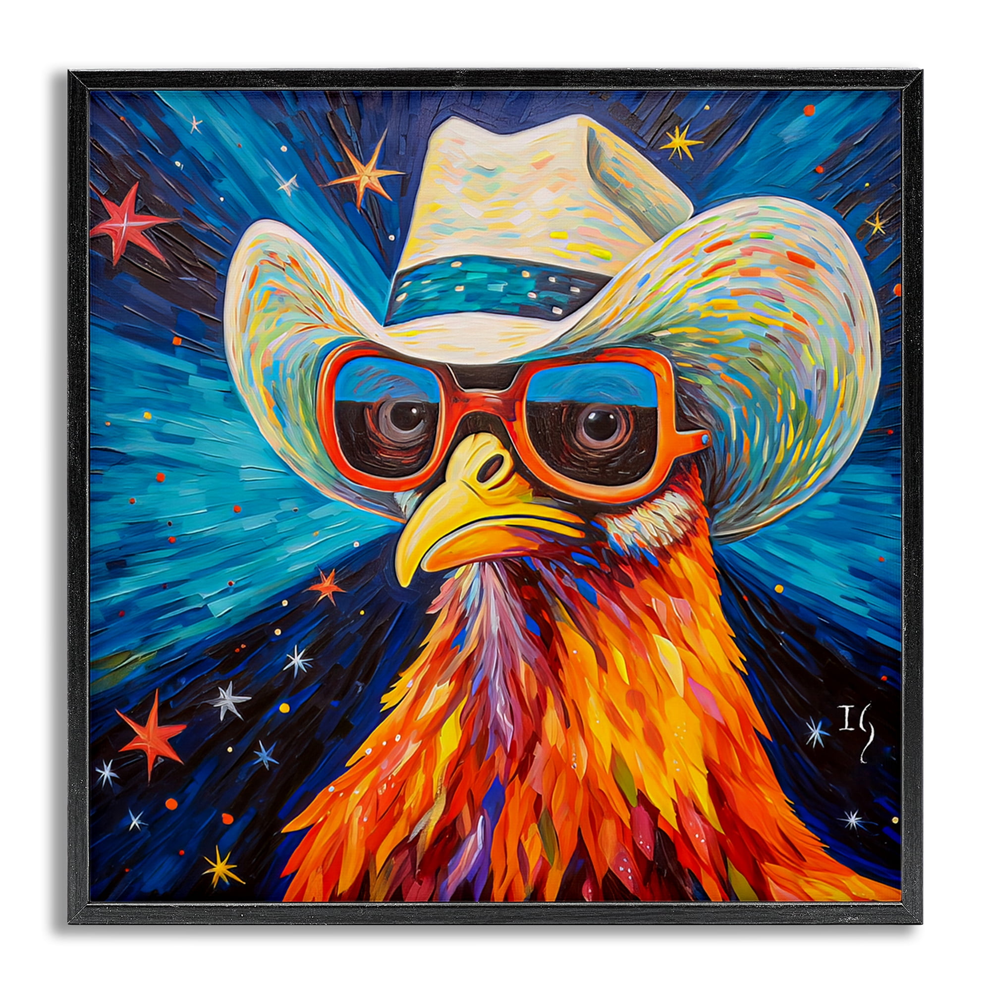 Stupell Industries Cowboy Chicken with Stars Animals & Insects Painting Gray Framed Art Print Wall Art, 12 x 12
