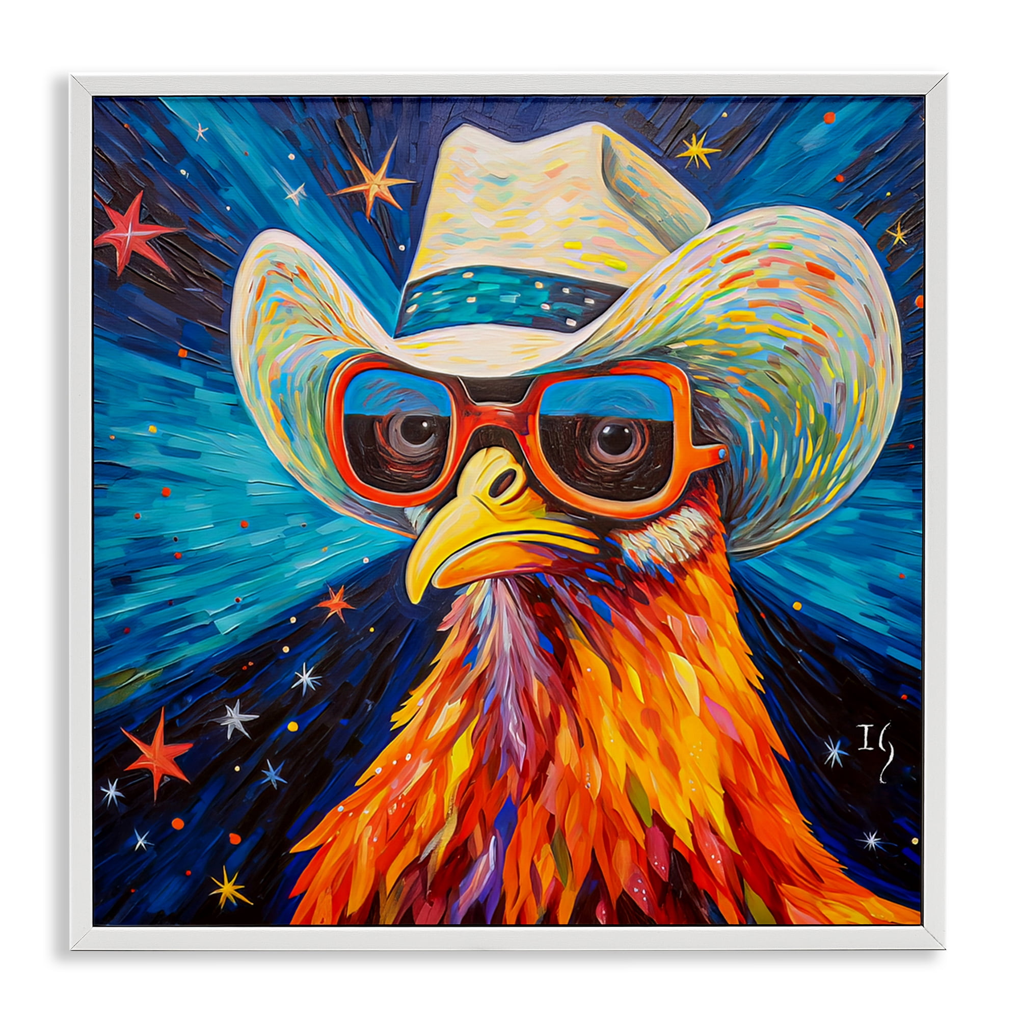 Stupell Industries Cowboy Chicken with Stars Animals & Insects Painting White Framed Art Print Wall Art, 17 x 17