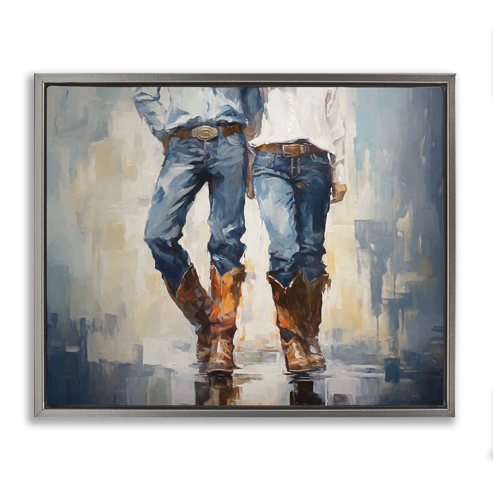 Stupell Industries Cowboy & Cowgirl Couple Novelty Painting Gray Floater Framed Canvas Art Print Wall Art, 21 x 17