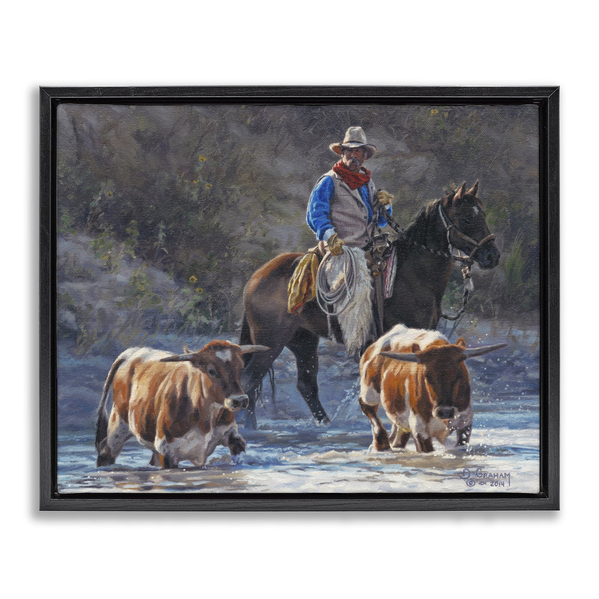 Stupell Industries Cowboy Crossing River Animals & Insects Painting Black Floater Framed Canvas Art Print Wall Art, 21 x 17