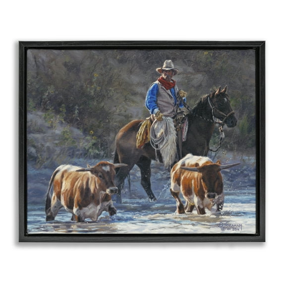 Stupell Industries Cowboy Crossing River Animals & Insects Painting Black Floater Framed Canvas Art Print Wall Art, 31 x 25