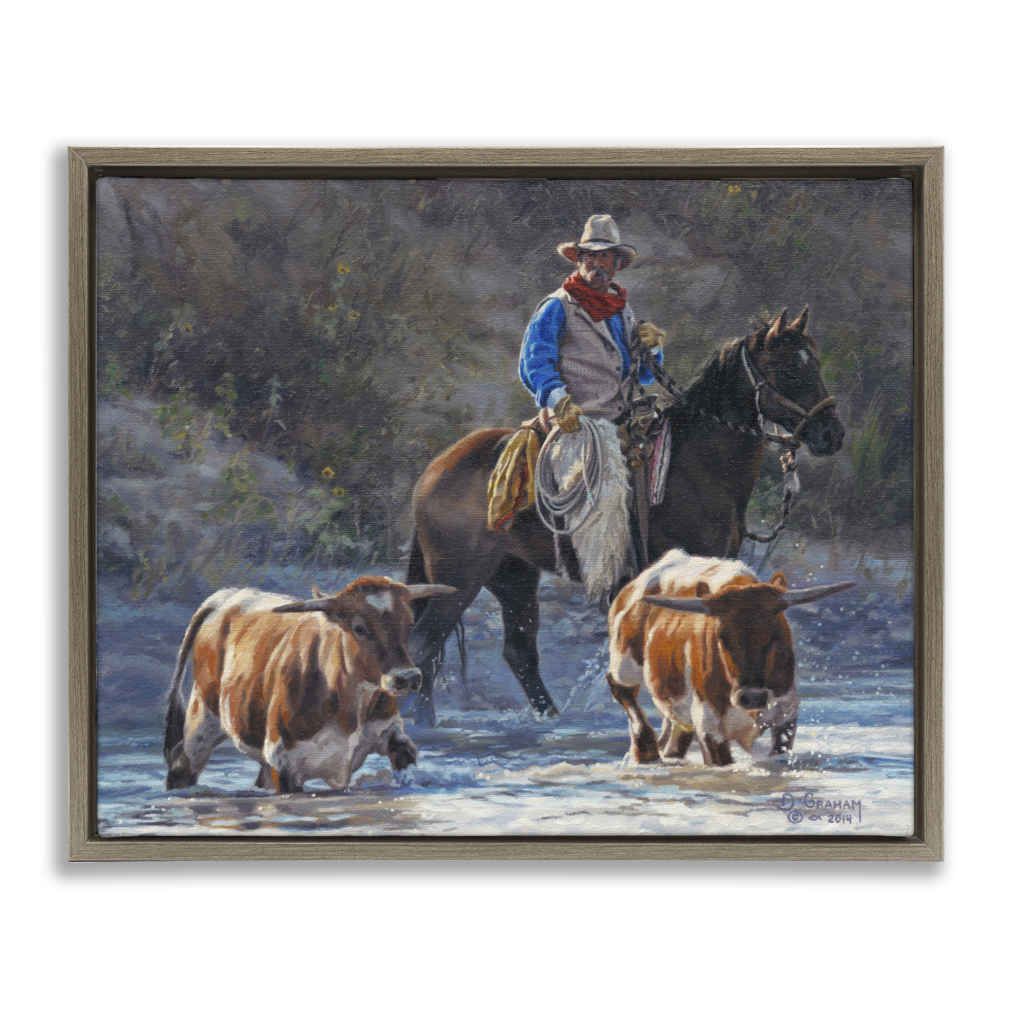 Stupell Industries Cowboy Crossing River Animals & Insects Painting Brown Floater Framed Canvas Art Print Wall Art, 21 x 17