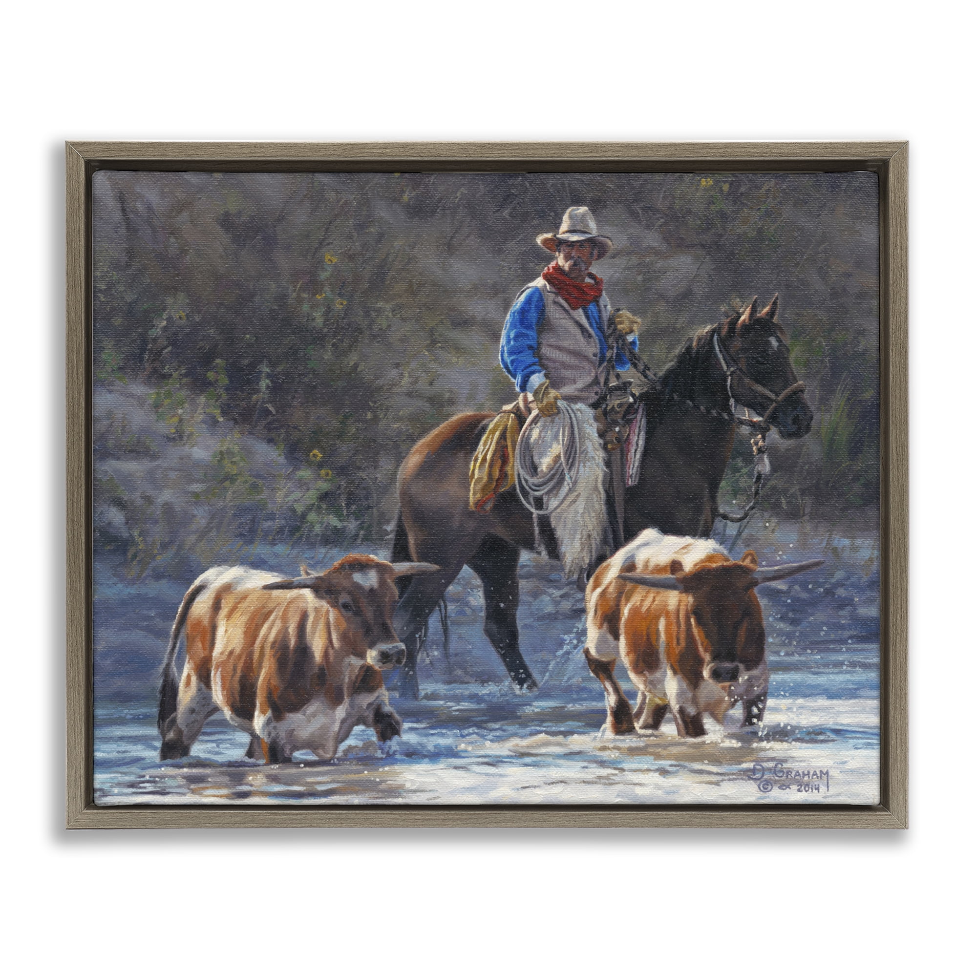 Stupell Industries Cowboy Crossing River Animals & Insects Painting Brown Floater Framed Canvas Art Print Wall Art, 31 x 25