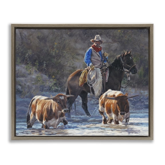 Stupell Industries Cowboy Crossing River Animals & Insects Painting Brown Floater Framed Canvas Art Print Wall Art, 31 x 25