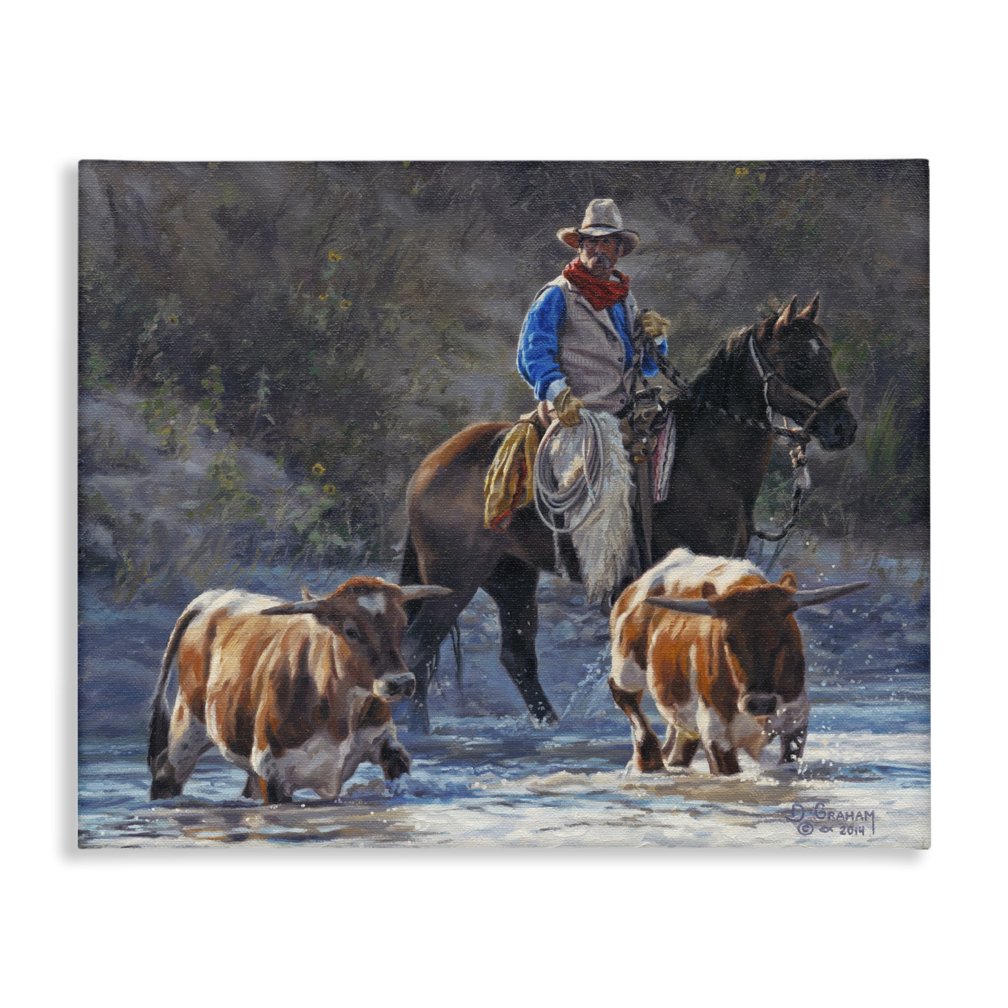 Stupell Industries Cowboy Crossing River Animals & Insects Painting Gallery Wrapped Canvas Art Print Wall Art, 30 x 24