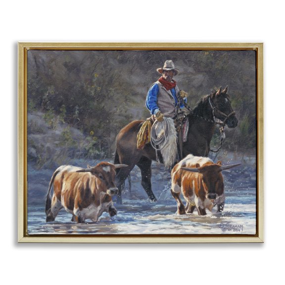 Stupell Industries Cowboy Crossing River Animals & Insects Painting Gold Floater Framed Canvas Art Print Wall Art, 21 x 17