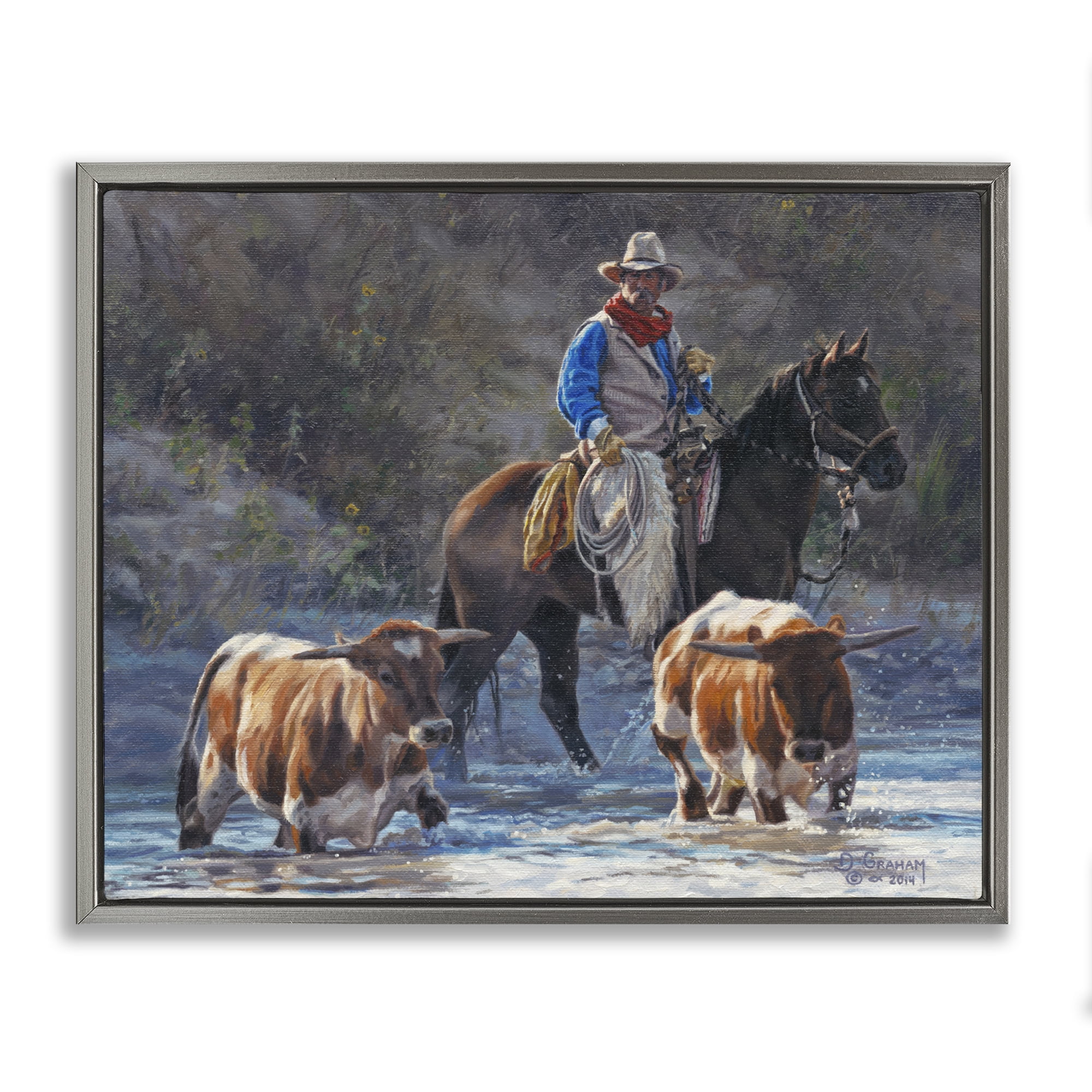 Stupell Industries Cowboy Crossing River Animals & Insects Painting Gray Floater Framed Canvas Art Print Wall Art, 31 x 25
