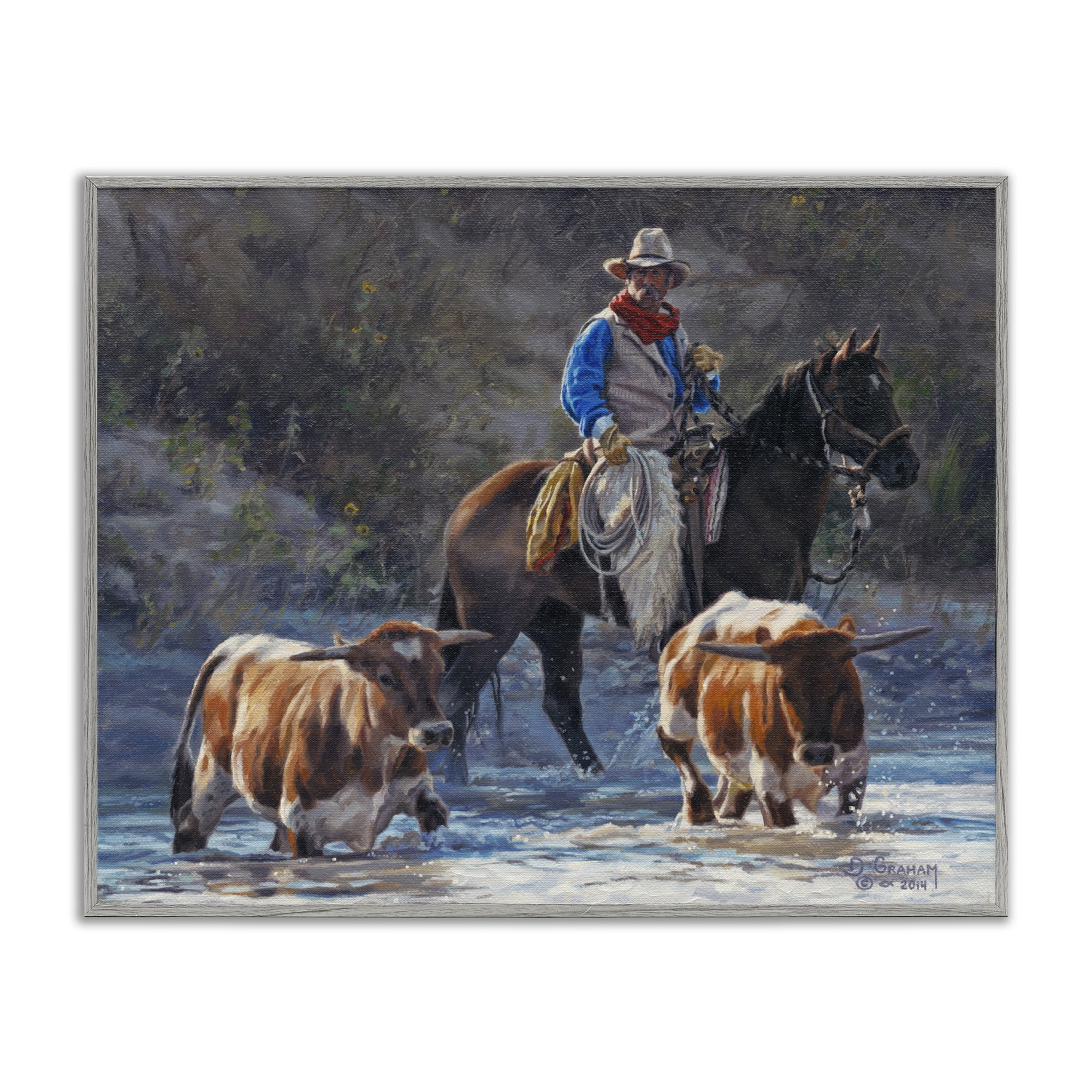 Stupell Industries Cowboy Crossing River Animals & Insects Painting Gray Framed Art Print Wall Art, 20 x 16