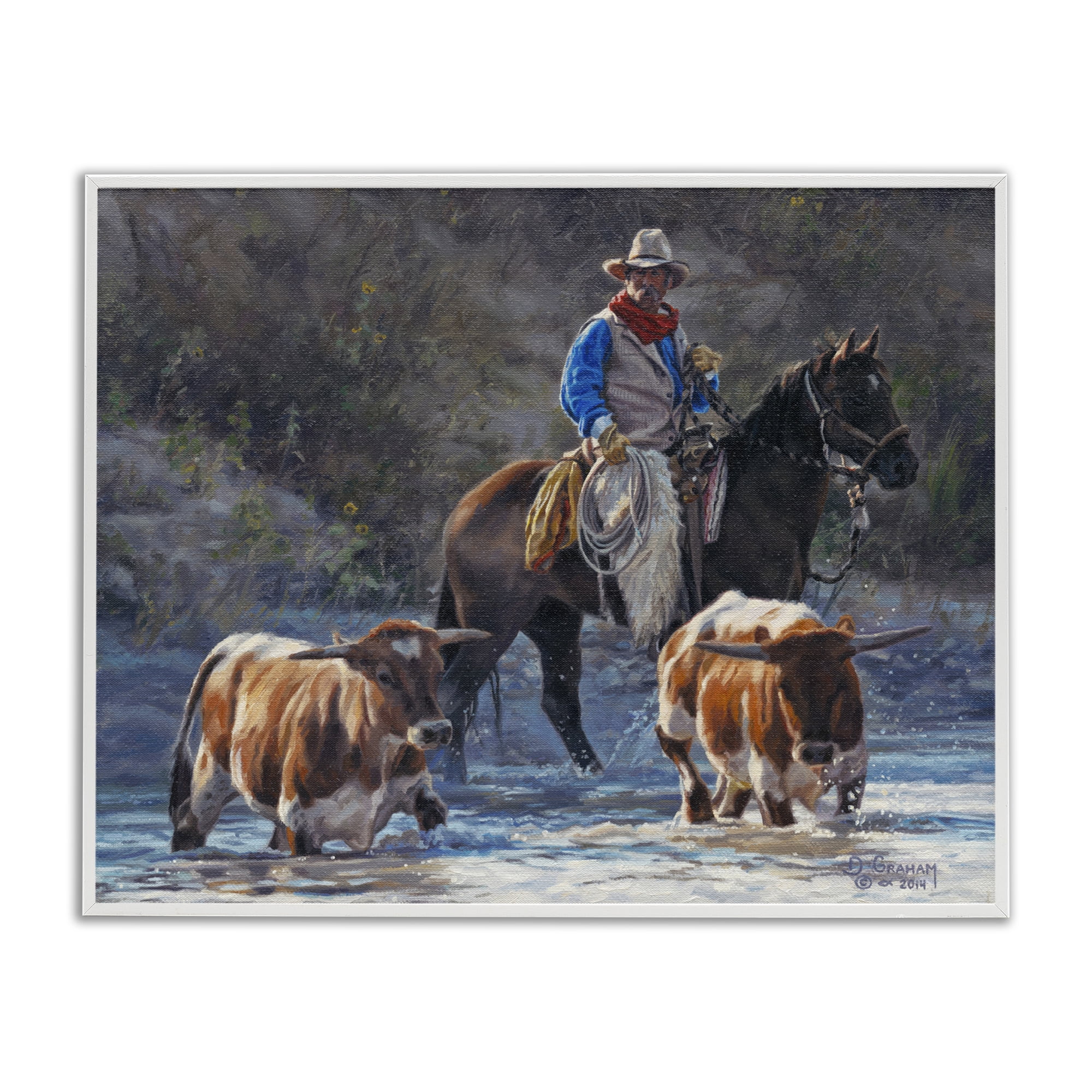 Stupell Industries Cowboy Crossing River Animals & Insects Painting White Framed Art Print Wall Art, 20 x 16
