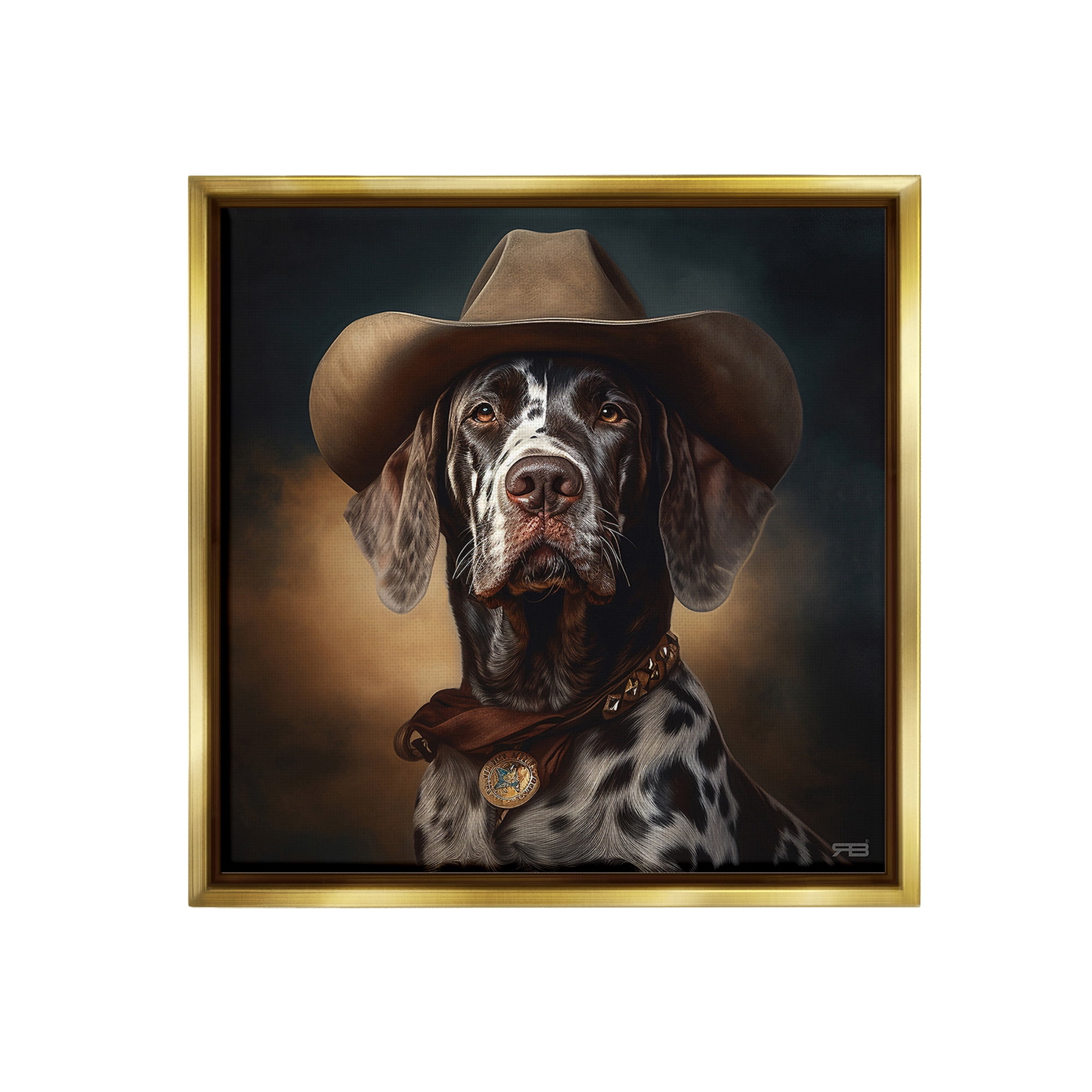 Stupell Industries Cowboy Dalmatian Portrait Animals & Insects Painting Gold Floater Framed Canvas Art Print Wall Art, 25 x 25