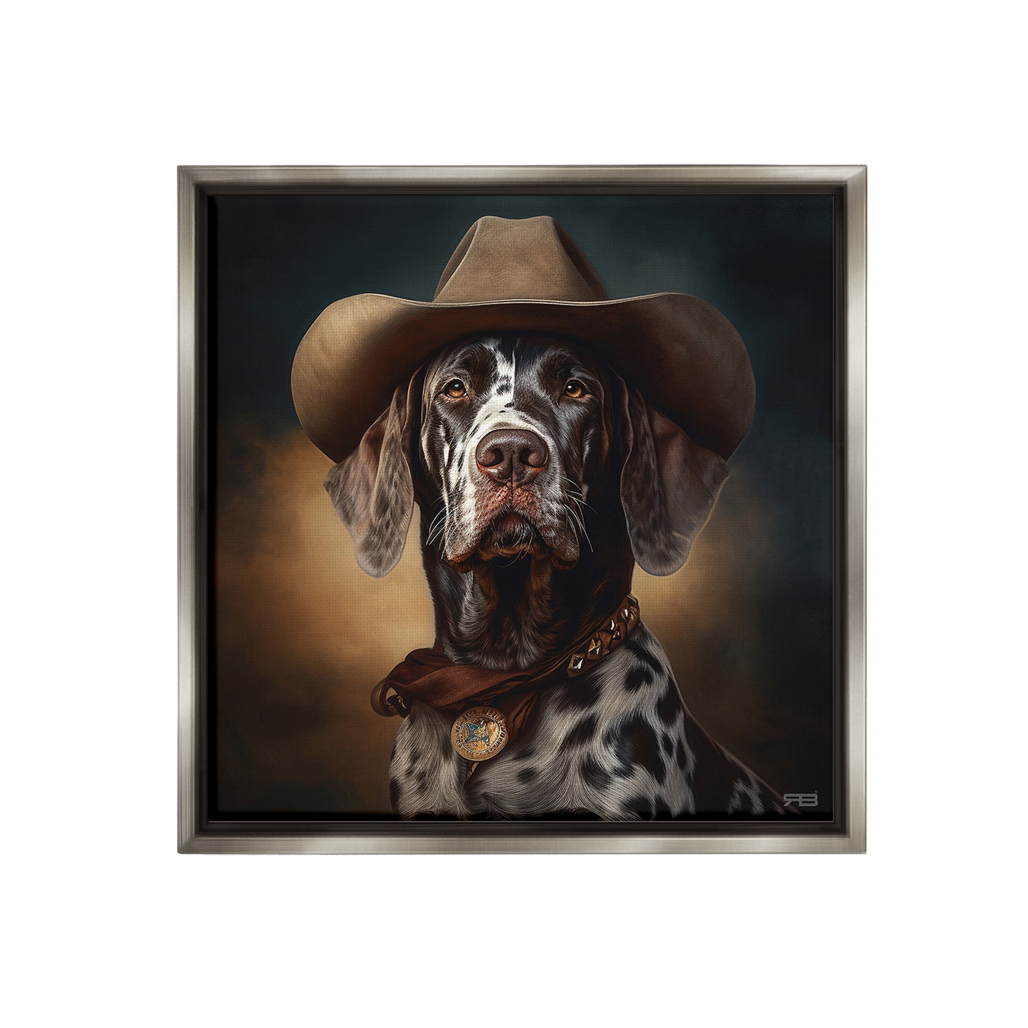Stupell Industries Cowboy Dalmatian Portrait Animals & Insects Painting Gray Floater Framed Canvas Art Print Wall Art, 18 x 18