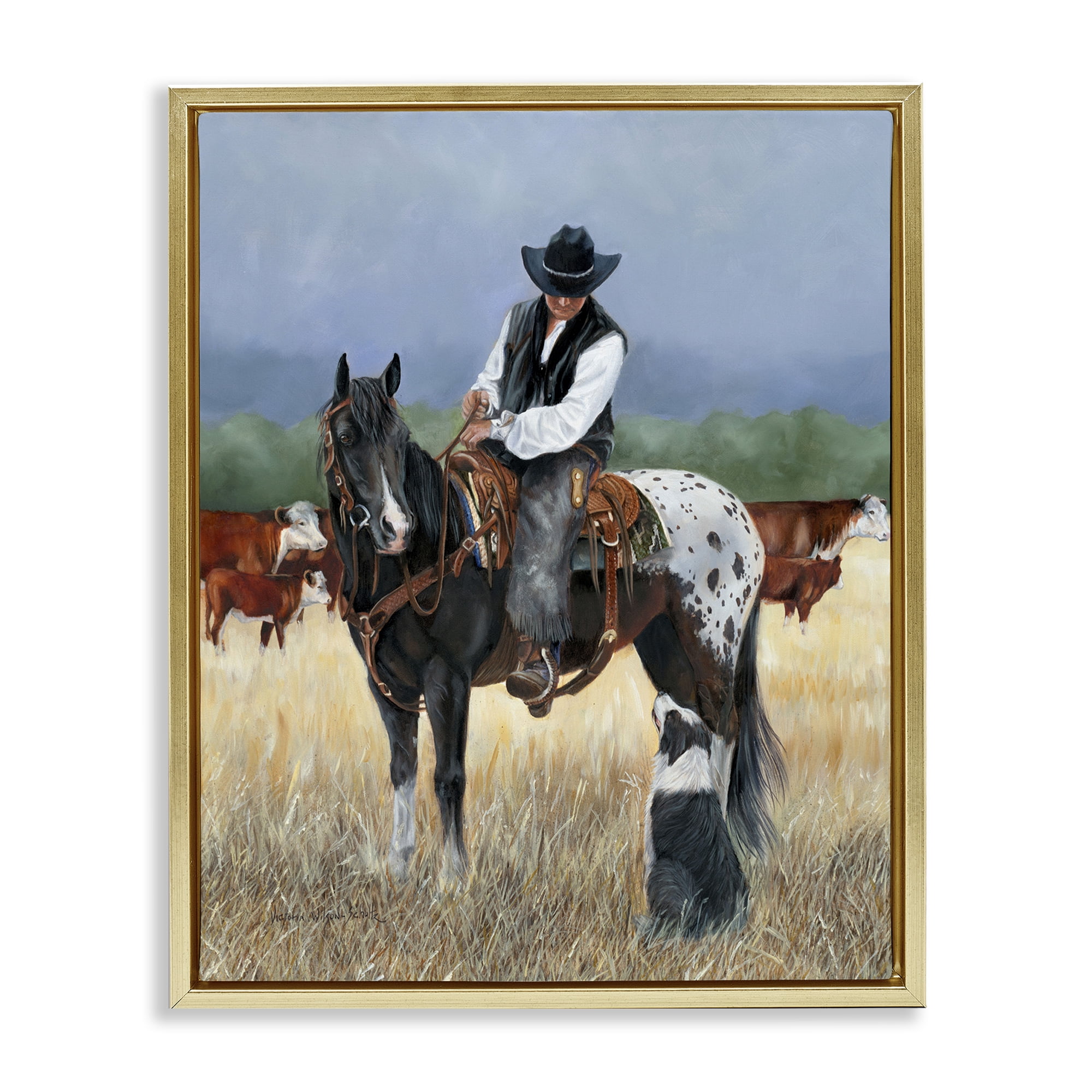 Stupell Industries Cowboy & Dog Animals & Insects Painting Gold Floater Framed Canvas Art Print Wall Art, 25 x 31