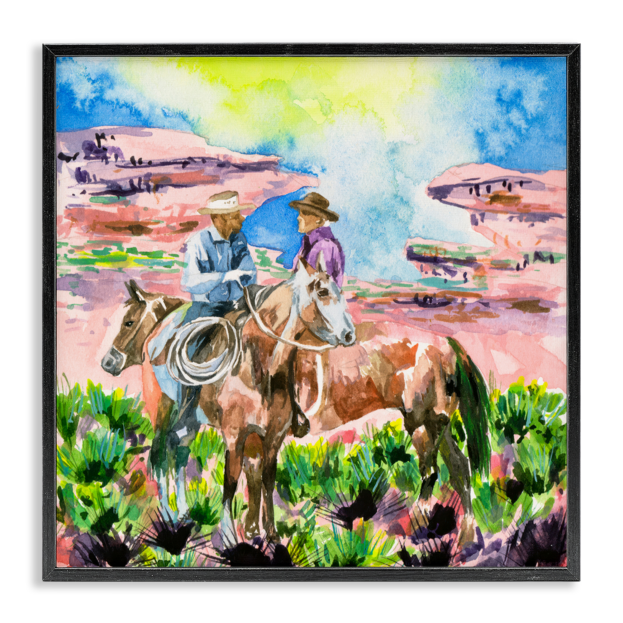 Stupell Industries Cowboy Duo in Canyon Animals Painting Black Framed Art Print Wall Art, 17 x 17