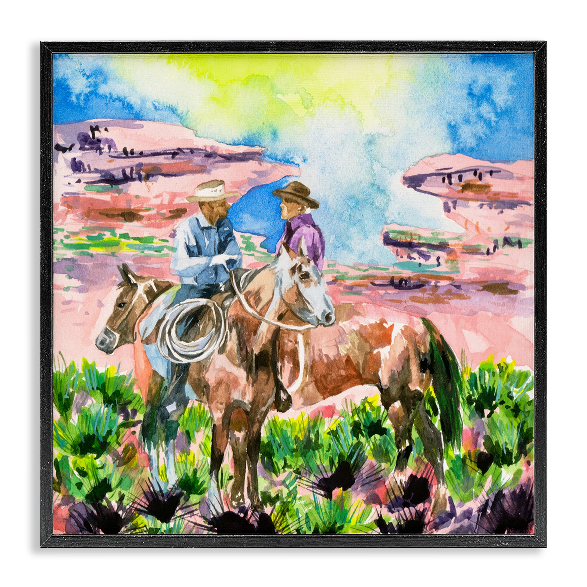 Stupell Industries Cowboy Duo in Canyon Animals Painting Black Framed Art Print Wall Art, 24 x 24