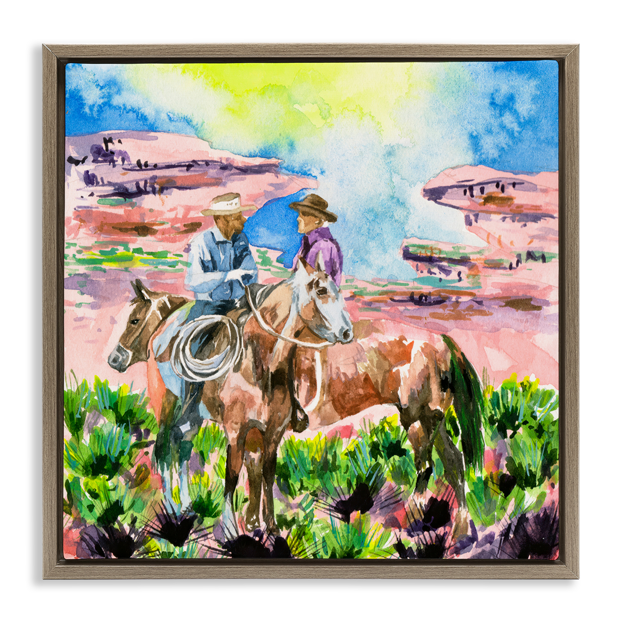 Stupell Industries Cowboy Duo in Canyon Animals Painting Brown Floater Framed Canvas Art Print Wall Art, 18 x 18
