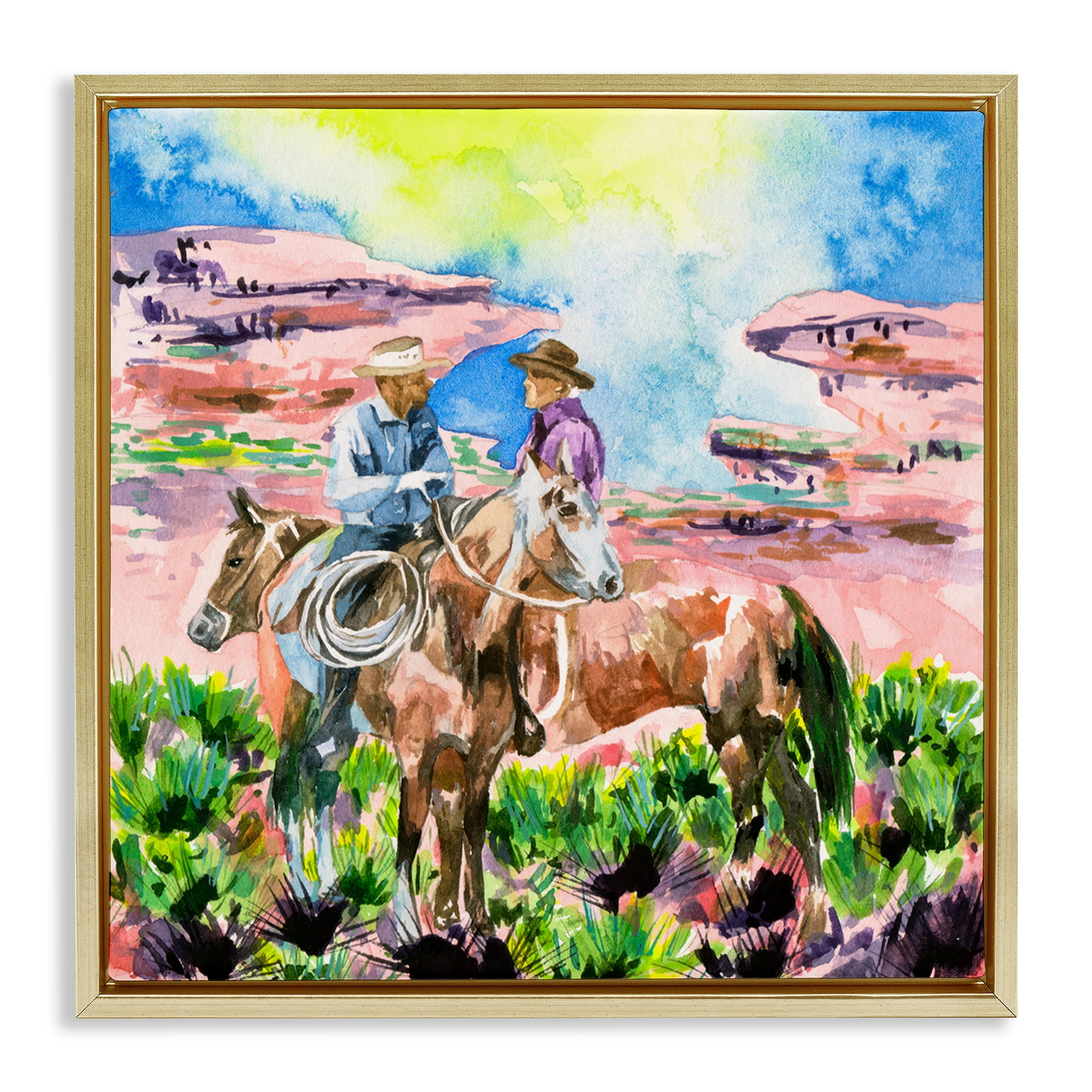 Stupell Industries Cowboy Duo in Canyon Animals Painting Gold Floater Framed Canvas Art Print Wall Art, 25 x 25