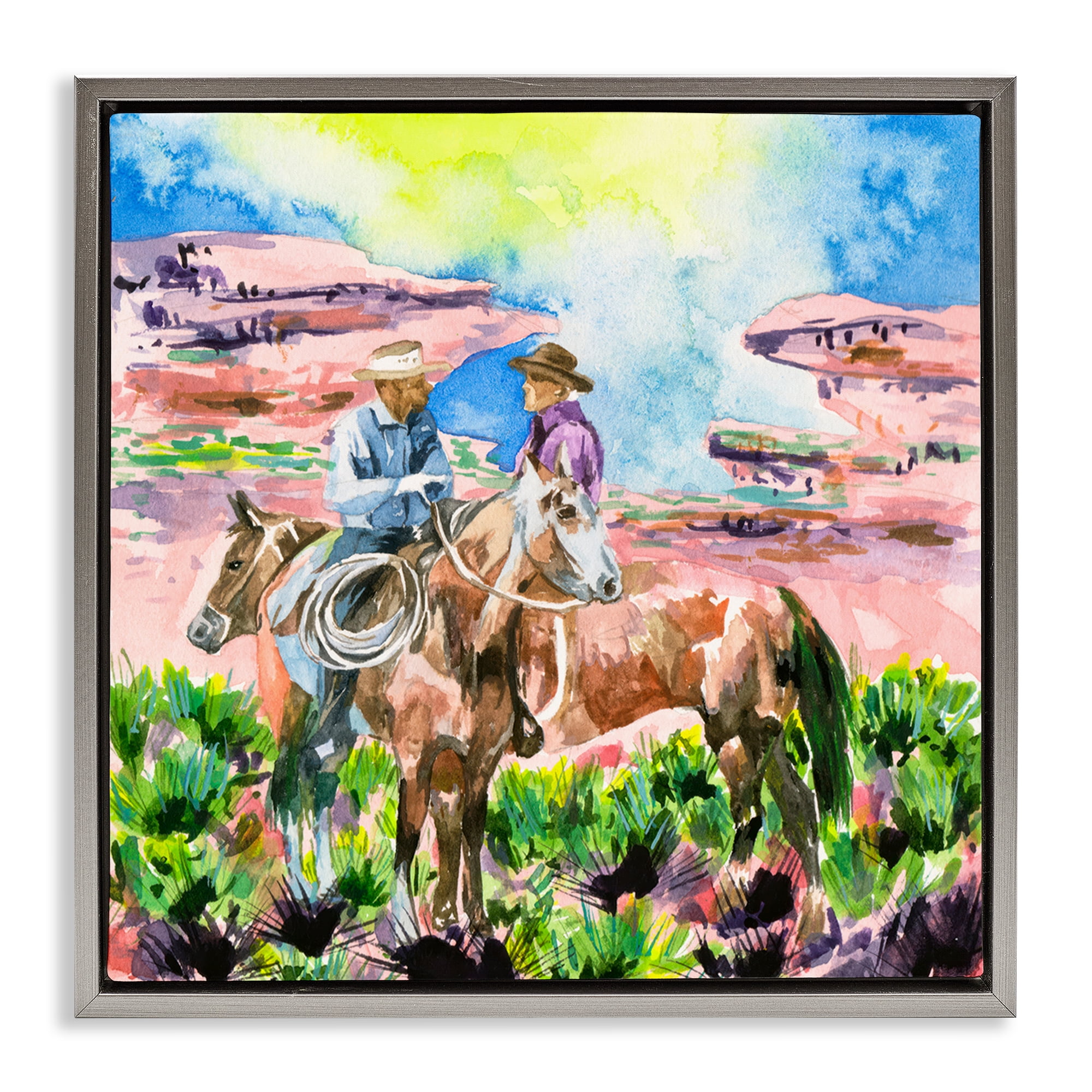 Stupell Industries Cowboy Duo in Canyon Animals Painting Gray Floater Framed Canvas Art Print Wall Art, 18 x 18