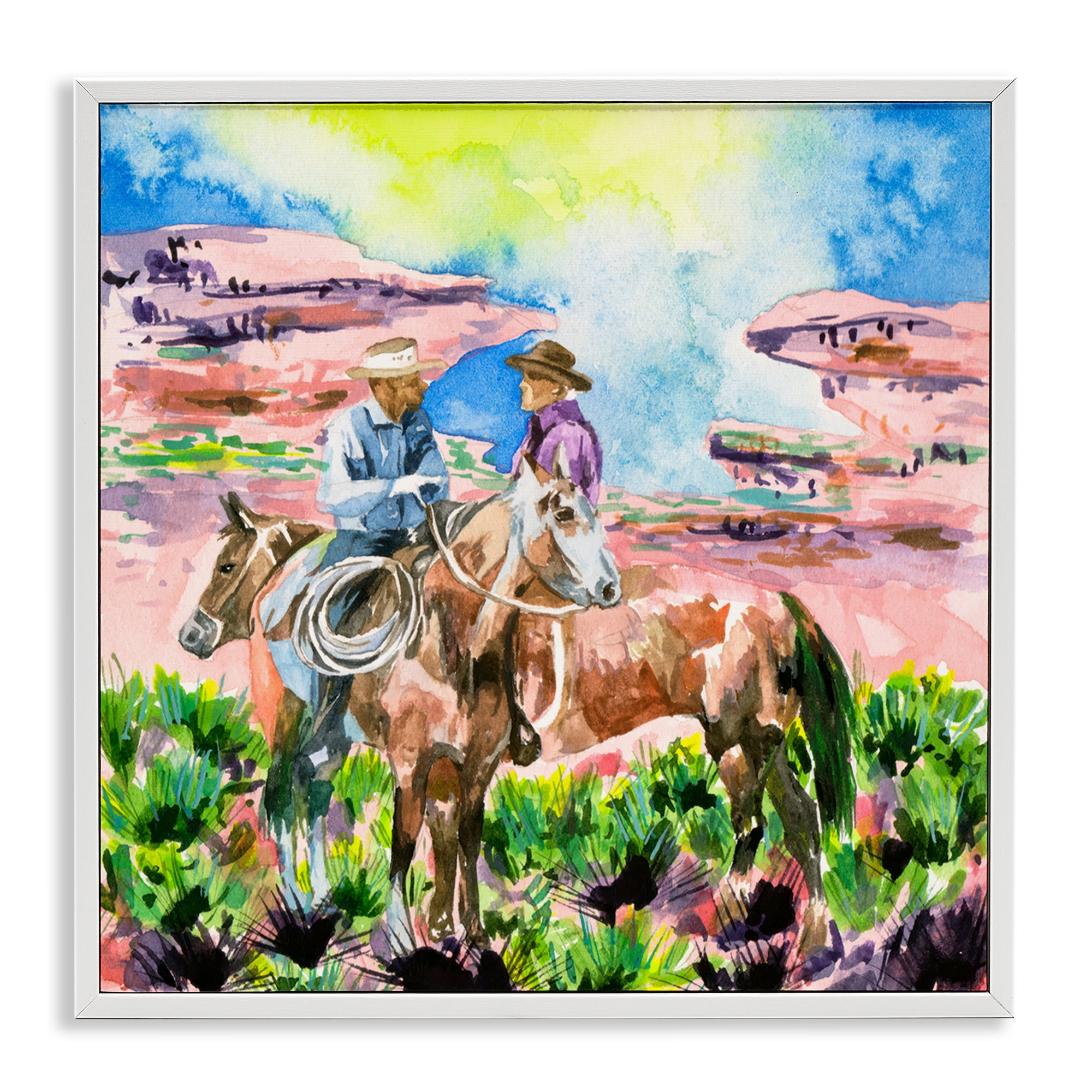 Stupell Industries Cowboy Duo in Canyon Animals Painting White Framed Art Print Wall Art, 24 x 24