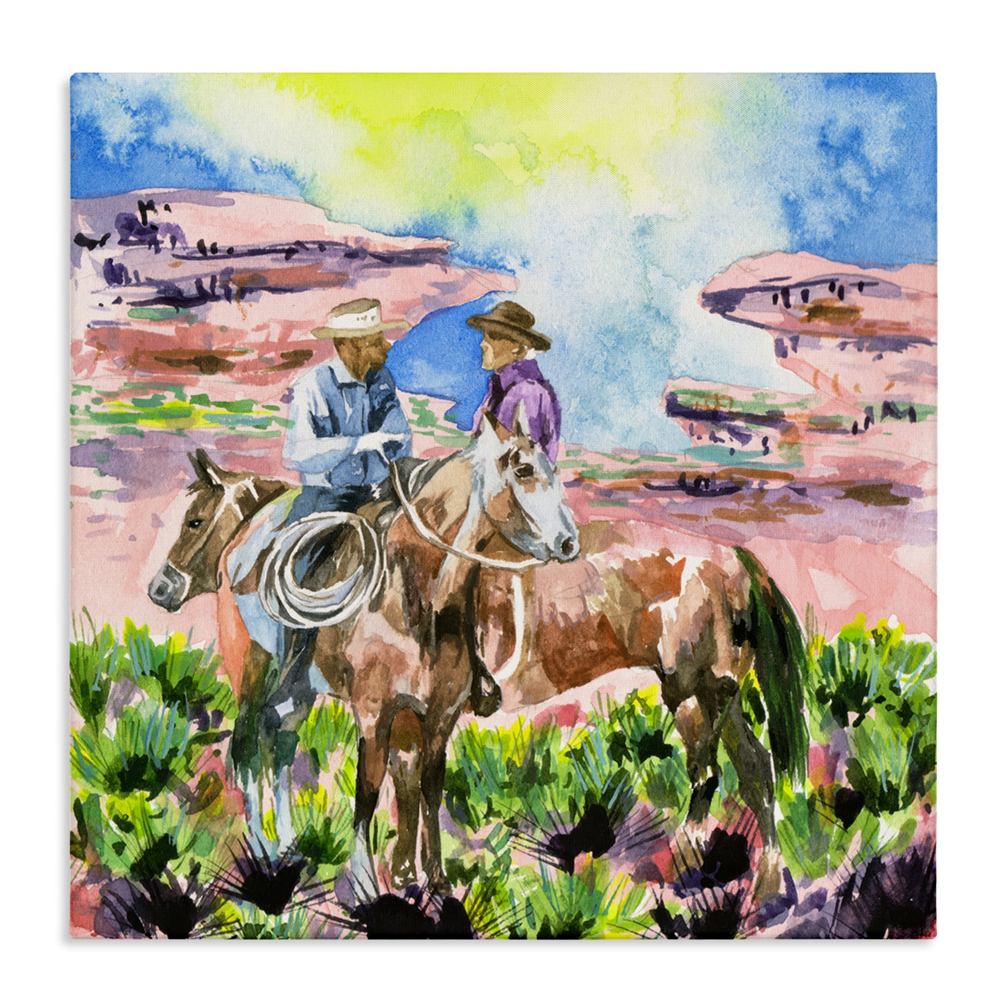 Stupell Industries Cowboy Duo in Canyon Animals Painting Wrapped Canvas Art Print Wall Art, 30 x 30