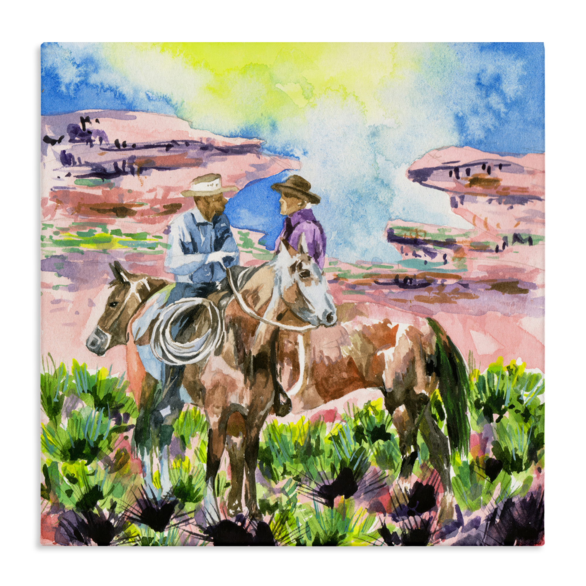 Stupell Industries Cowboy Duo in Canyon Animals Painting Wrapped Canvas Art Print Wall Art, 36 x 36