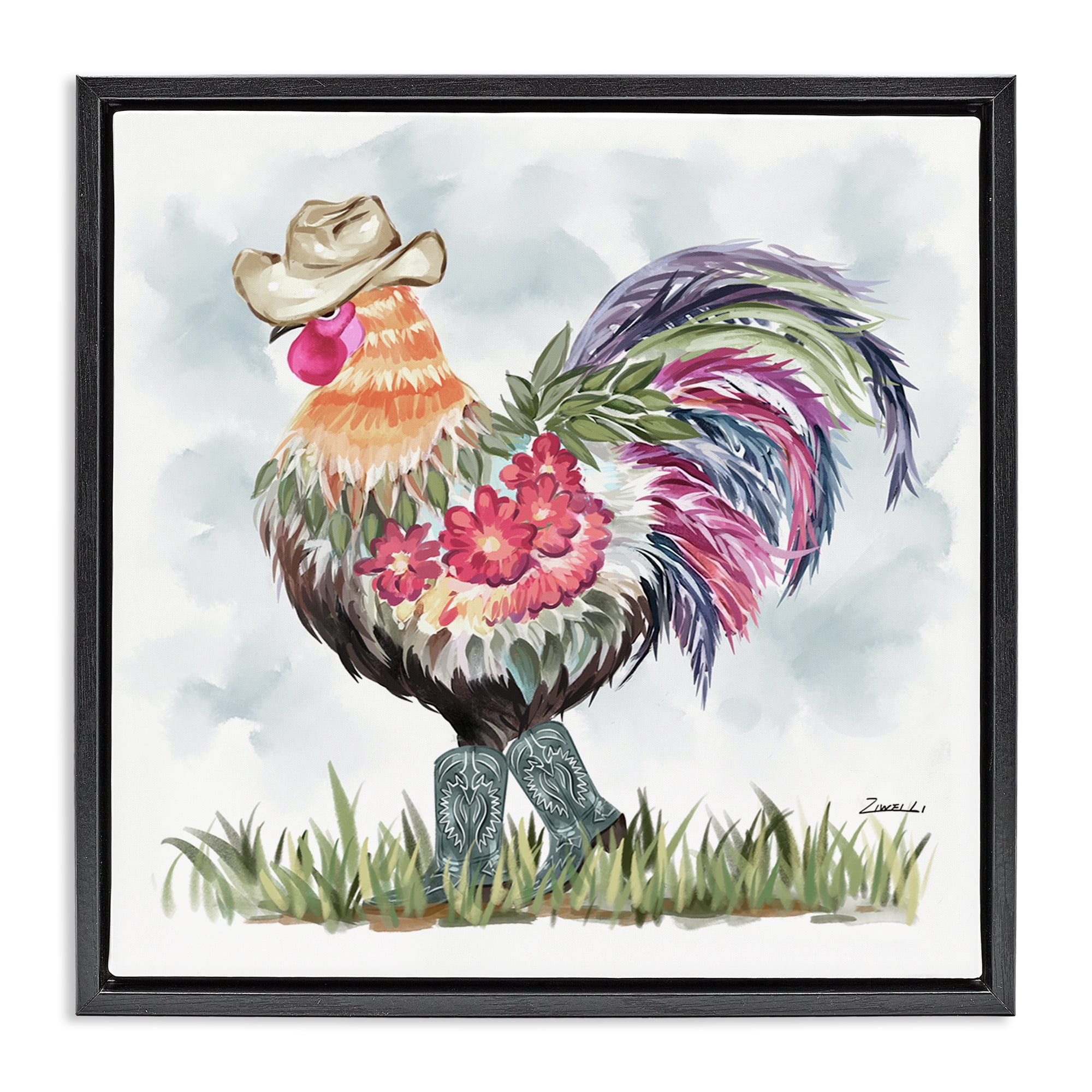 Stupell Industries Cowboy Floral Hen Animals & Insects Painting Black Floater Framed Canvas Art Print Wall Art, 18 x 18