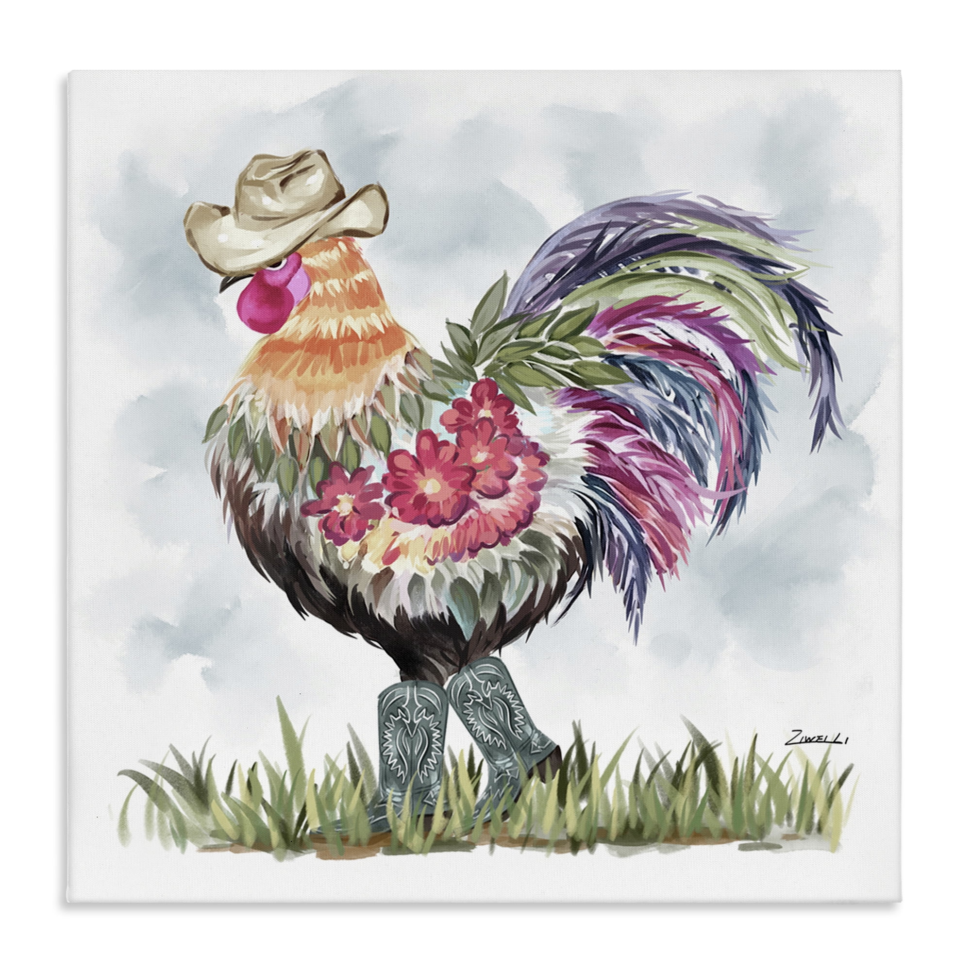 Stupell Industries Cowboy Floral Hen Animals & Insects Painting Gallery Wrapped Canvas Art Print Wall Art, 36 x 36