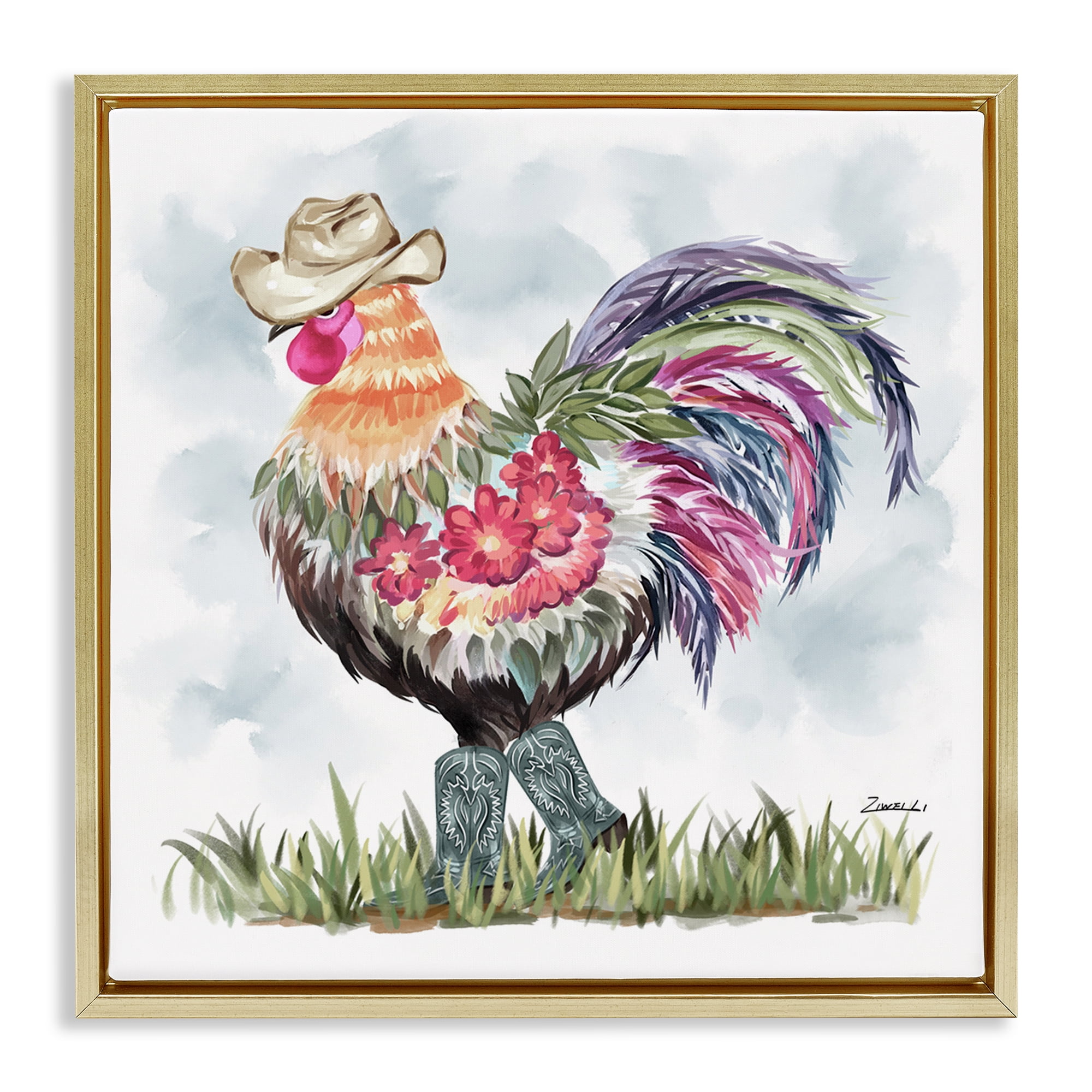 Stupell Industries Cowboy Floral Hen Animals & Insects Painting Gold Floater Framed Canvas Art Print Wall Art, 18 x 18