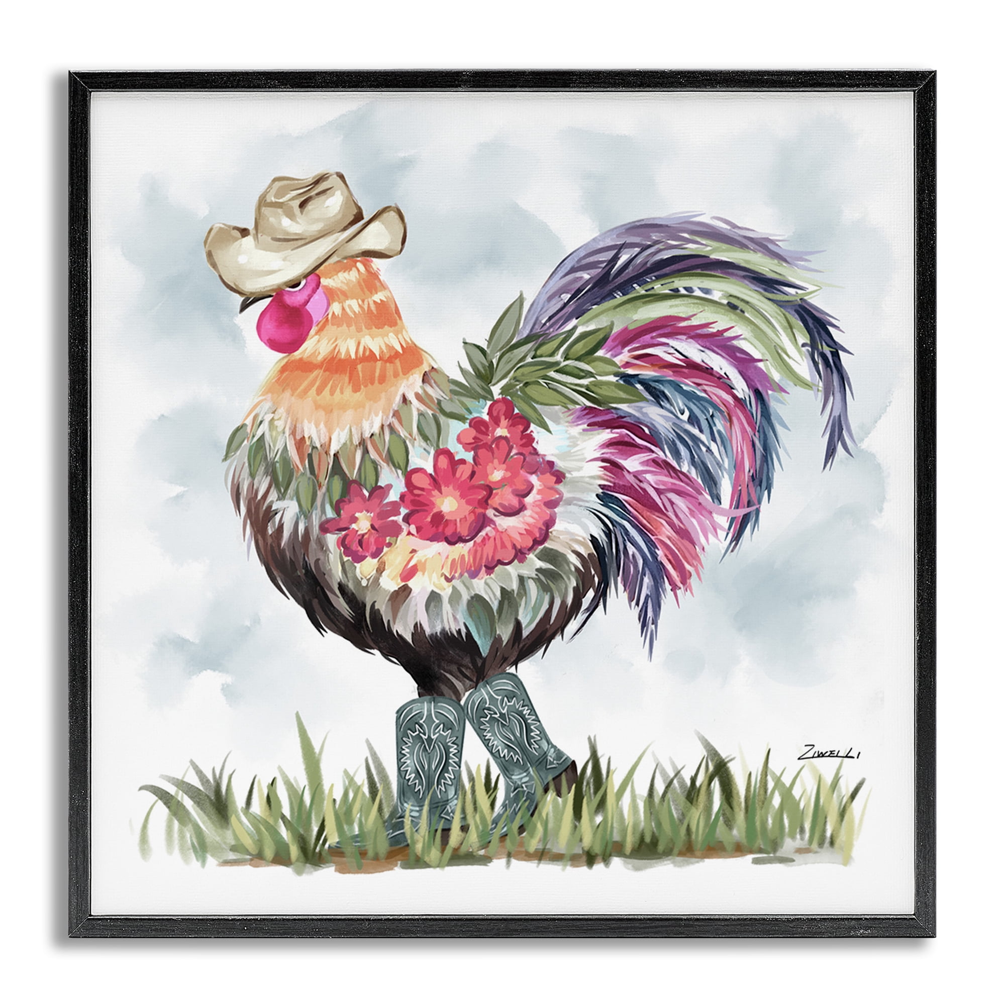 Stupell Industries Cowboy Floral Hen Animals & Insects Painting Gray Framed Art Print Wall Art, 24 x 24