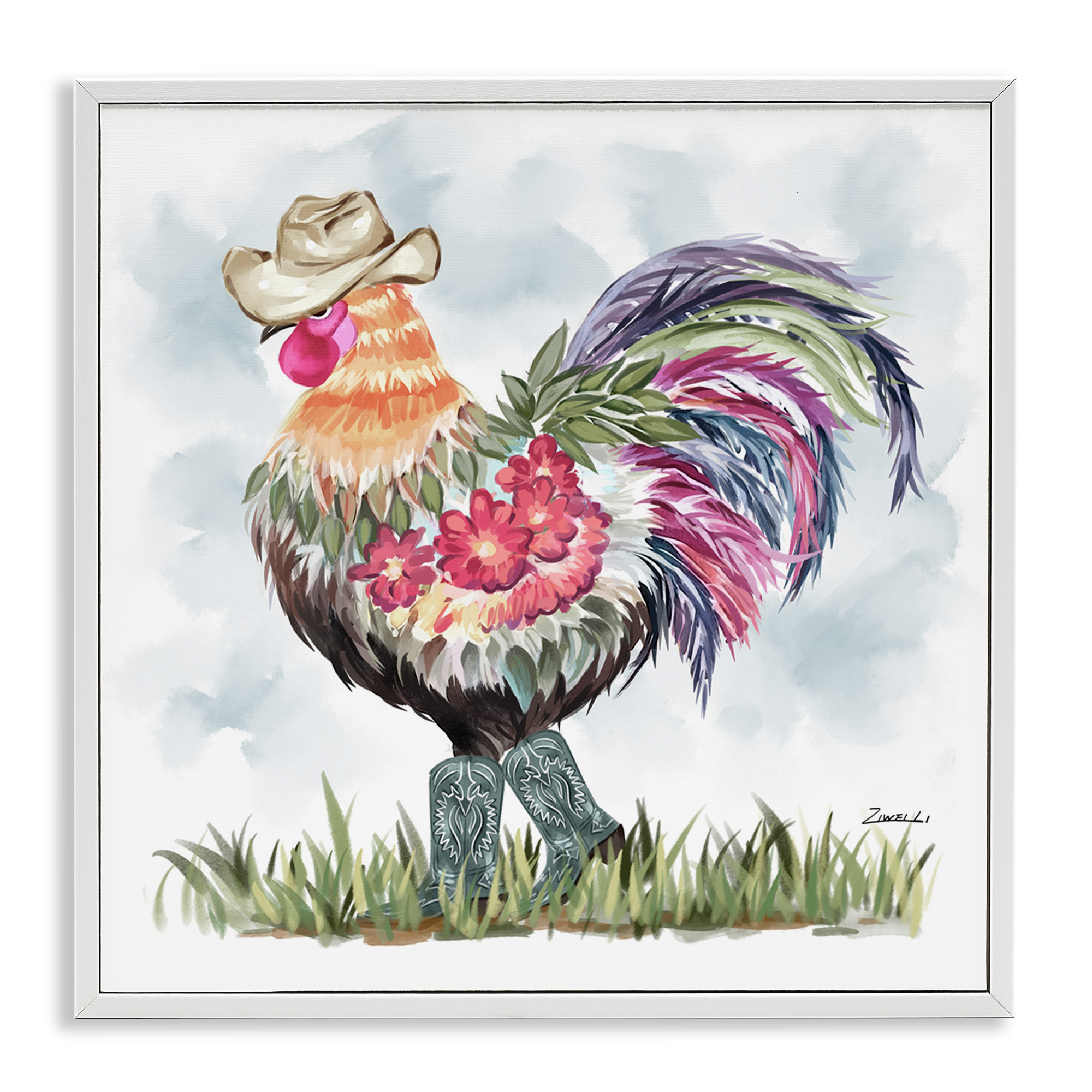 Stupell Industries Cowboy Floral Hen Animals & Insects Painting White Framed Art Print Wall Art, 17 x 17
