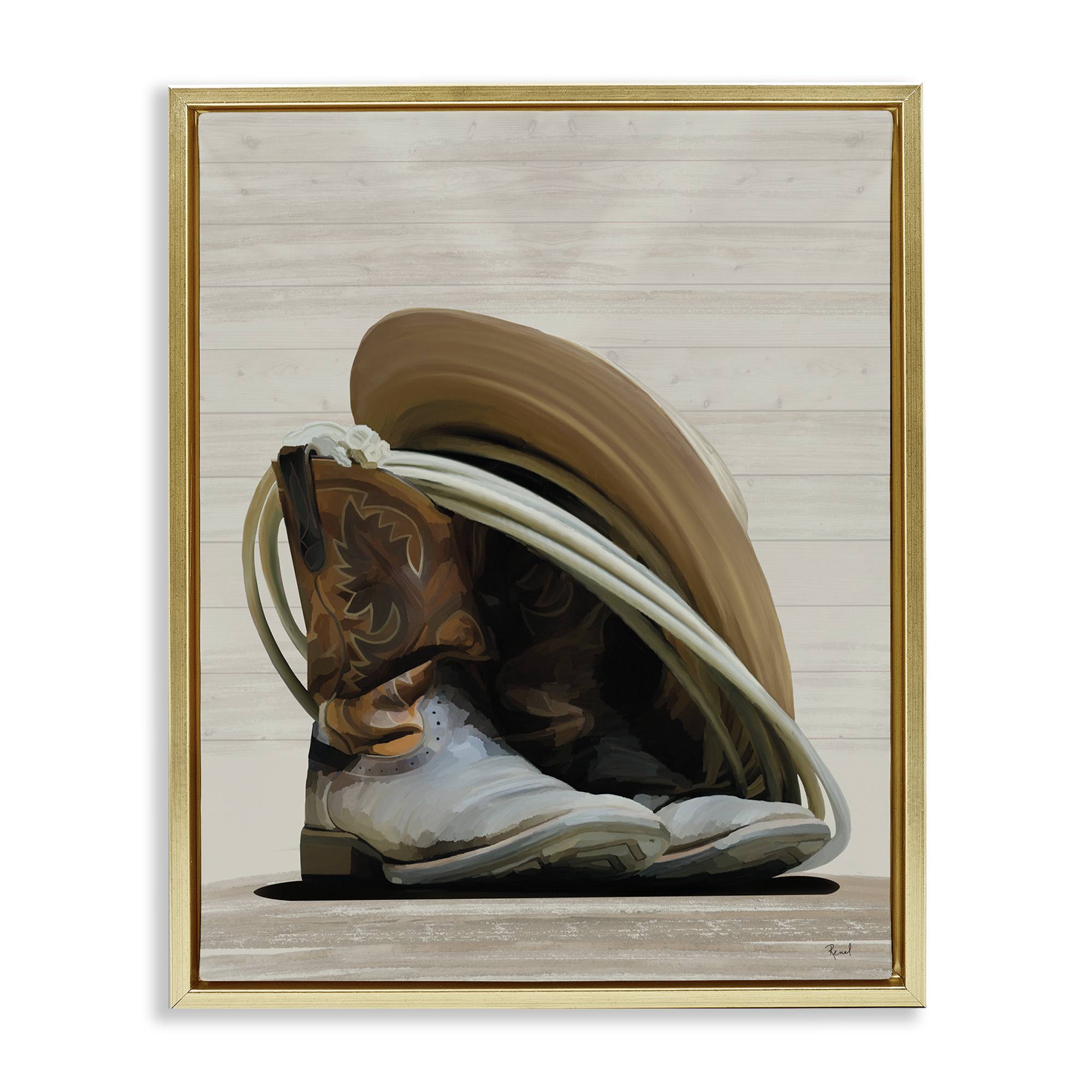 Stupell Industries Cowboy Gear on Beige Fashion Painting Gold Floater Framed Canvas Art Print Wall Art, 25 x 31