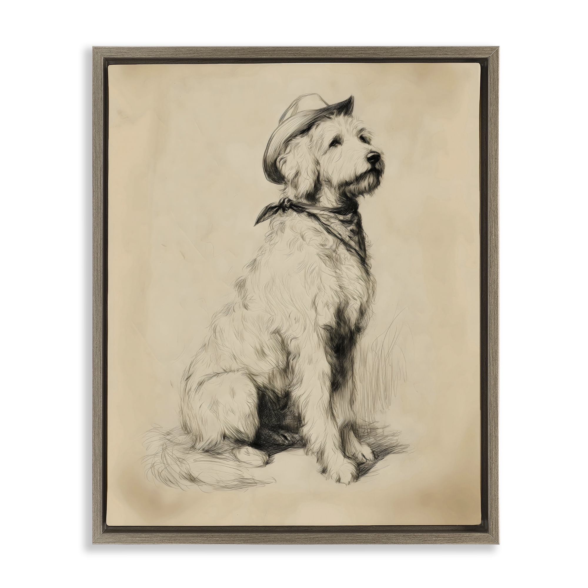 Stupell Industries Cowboy Goldendoodle Sketch Brown Framed Floater Canvas Wall Art, design by Arlington Prints