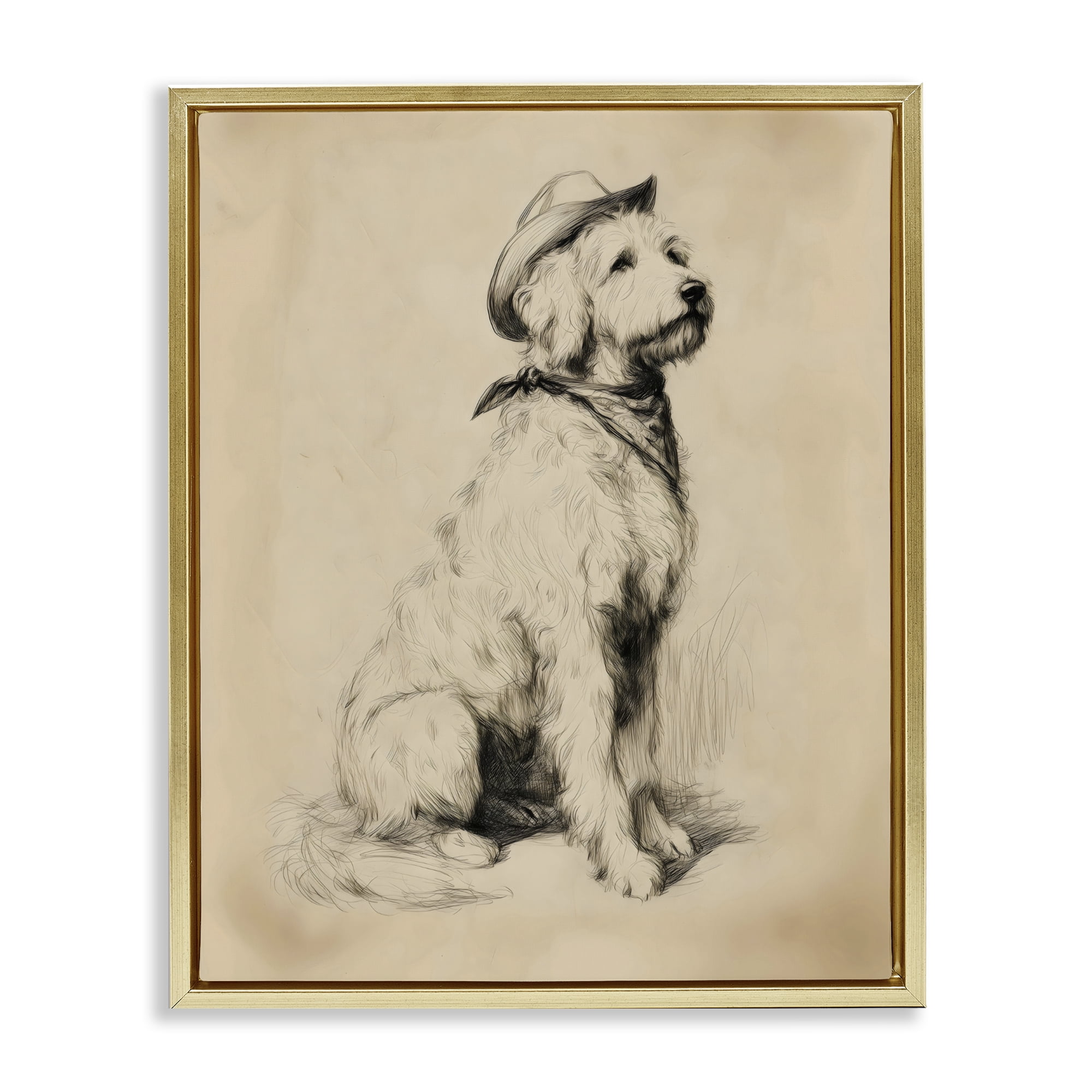 Stupell Industries Cowboy Goldendoodle Sketch Gold Framed Floater Canvas Wall Art, design by Arlington Prints