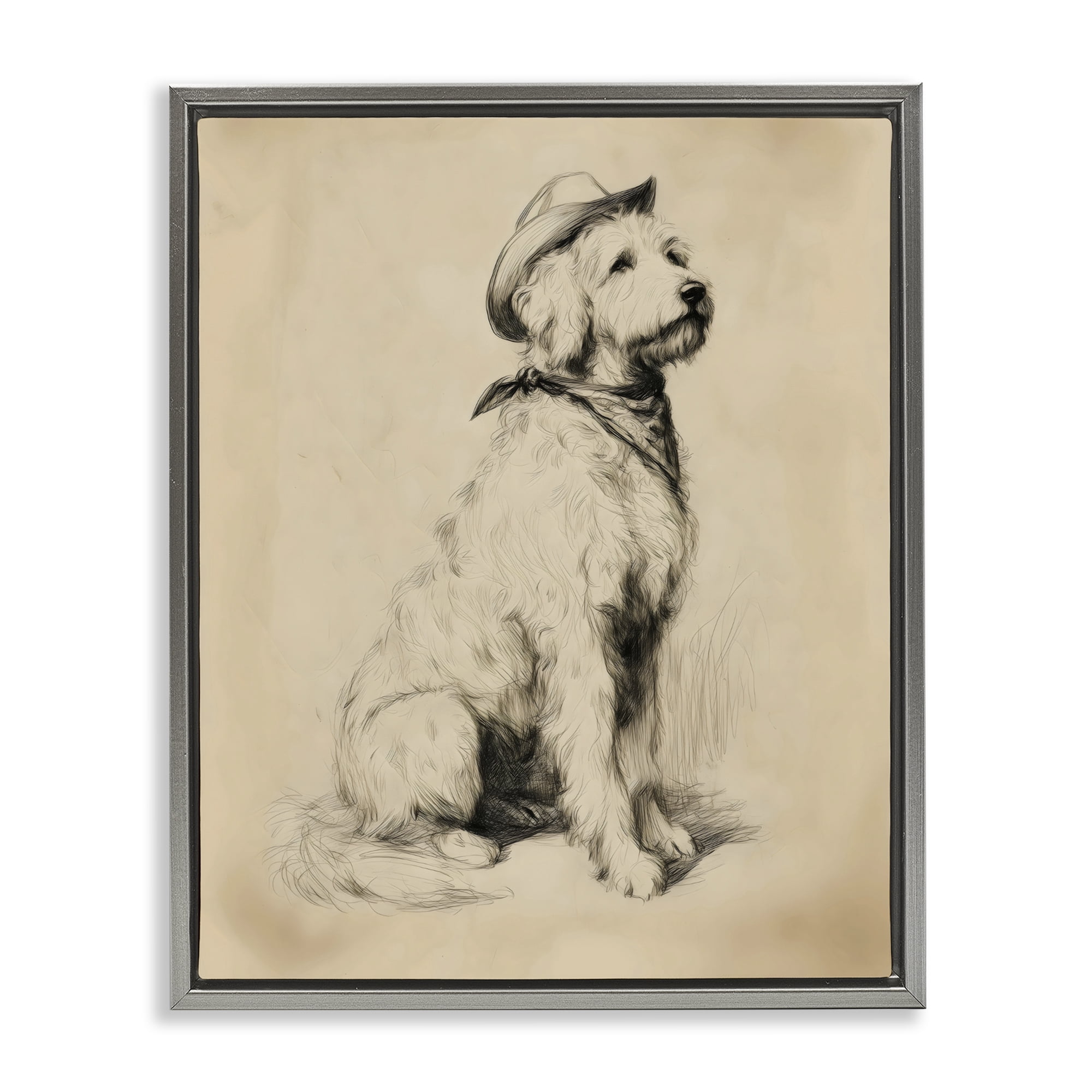 Stupell Industries Cowboy Goldendoodle Sketch Gray Framed Floater Canvas Wall Art, design by Arlington Prints